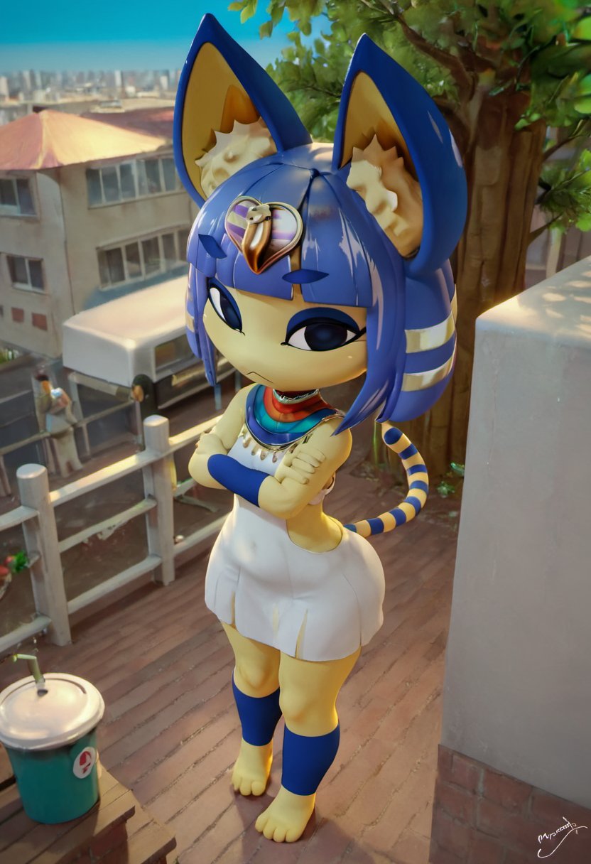 zPDXL, zPDXLxxx, score_9, score_8_up, score_7_up, score_6_up, score_5_up, score_4_up, BREAK <lora:Ankha_HD_Animal_Crossing_for_PonyXL:0.9>,ankha \(animal crossing\), 3d, 1girl, outdoors, yellow fur, furry, two-tone fur, blue hair, furry female, animal ears, tail, white dress, arms crossed, anthro, felid, feline, body fur, short hair, hair ornament, cat ears, animal feet, felis, domestic cat, blue fur, feet, snake hair ornament, city street, day, barefoot, cat tail, cat girl, sky, blunt bangs, blue eyeshadow, egyptian, hair, blue sky, looking at viewer, toes, closed mouth, outside, animal nose, flat chest, white fur, fur, stomach, black eyes, bob cut, from above