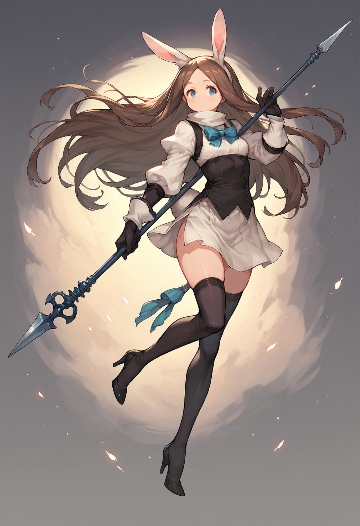 score_9, score_8_up, score_7_up, score_6_up, source anime,bravely default , 1girl, polearm, long hair, spear, solo, rabbit ears, thighhighs, animal ears, weapon, gloves, high heels, brown hair