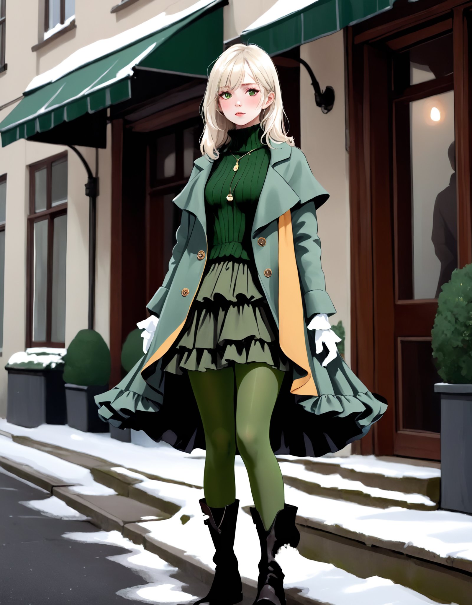 winter coordination of a loose-fitting knit with a frill tiered skirt in knee-length coat and long boots. moss green tights, cinematic light, small breasts, lookin' down,