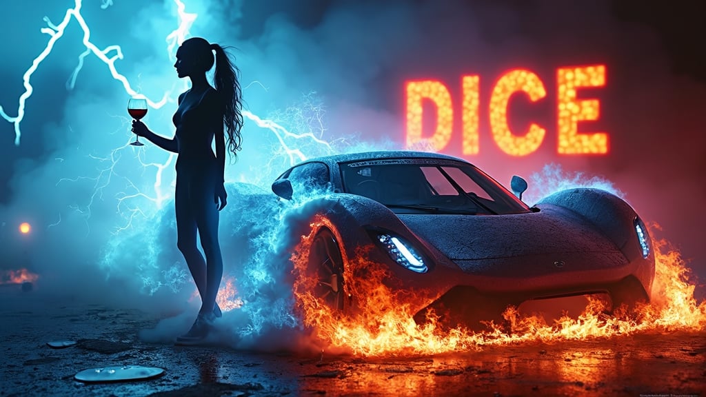 bailing fire,composed of fire and bellowing smoke elements,fire element,girl made of blue flames, Fire Skin,surrounded by red flames.,blue fire,blue flame,the woman in the image is standing next to a hyper car on fire, long  fire hair,in the background the woman is surrounded by a bright blue aura that seems to be emanating from her body., lightning bolts striking the hyper car,she has a glass of wine she holds to viewer that is on fire, and she appears to be in the midst of a fire powerful display of energy, behind the woman is large red text in flames font, The text says "DICE"