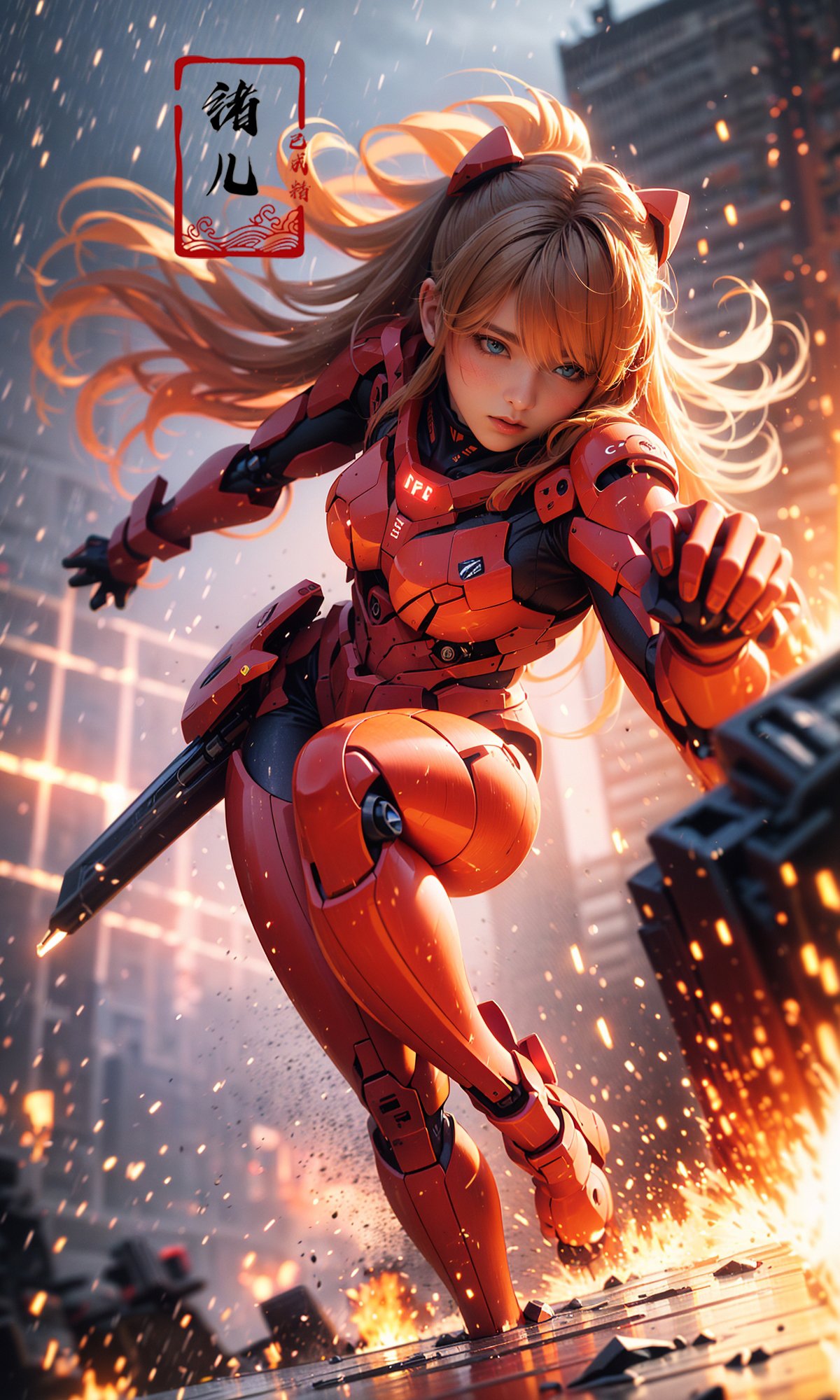 Epic CG masterpiece, Asuka Langley Soryu,hdr,dtm, full ha,8K, ultra detailed graphic tension, dynamic poses, stunning colors, 3D rendering, surrealism, cinematic lighting effects, realism, 00 renderer, super realistic, full - body photos, super vista, super wide Angle, HDmecha,battle, glowing, night,  science_fiction, signat,(Armor rusted:1.2)，(At night:1.1),(white hair:1.1)，(Optical wing deployment:1.5),(Light pollution, laser sword in hand:1.2) (Slim body, long legs:1.1)，mecha musume, flying, floating, skinny, thrusters, heavy weapon, cannon,Realistic light, high-precision shadows,ray tracing,8k,3d,Realistic style,Attack action, dynamic perspective,Very detailed detail, very nice texture,white,Collapsed house,(more drone:1.1),Floating cannon,(War damage:1.1), mechanical arms, headgear,full body,Realistic skin, realistic light and shadow, Exposed collarbone, exposed shoulders，{an extremely delicate and beautiful girl}，(Combat posture:1.3),(ruins battlefield:1.5),light,3d,Unreal 5，(Mechanical parts emit light:1.3)，(light pollution:1.3)，sweat，(long legs:1.3),( very long hair:1.3),(Damaged clothes:1.3)，tear,(injured:1.2),(There is a halo behind:1.1),Lens Halo(Severe smog:1.1), (It's raining:1.3),Facing the audience,(Raising the weapon in hand:1.1),(messy hair:1.2), (Is attacking the audience with a weapon in hand:1.1), ( wet hair:1.4)，(light anger:1.1), (More halos:1.5), (evil smile:1.1), (red ribbon),(Blood on face:0.8),<lora:绪儿-明日香Asuka Langley Soryu:0.8>