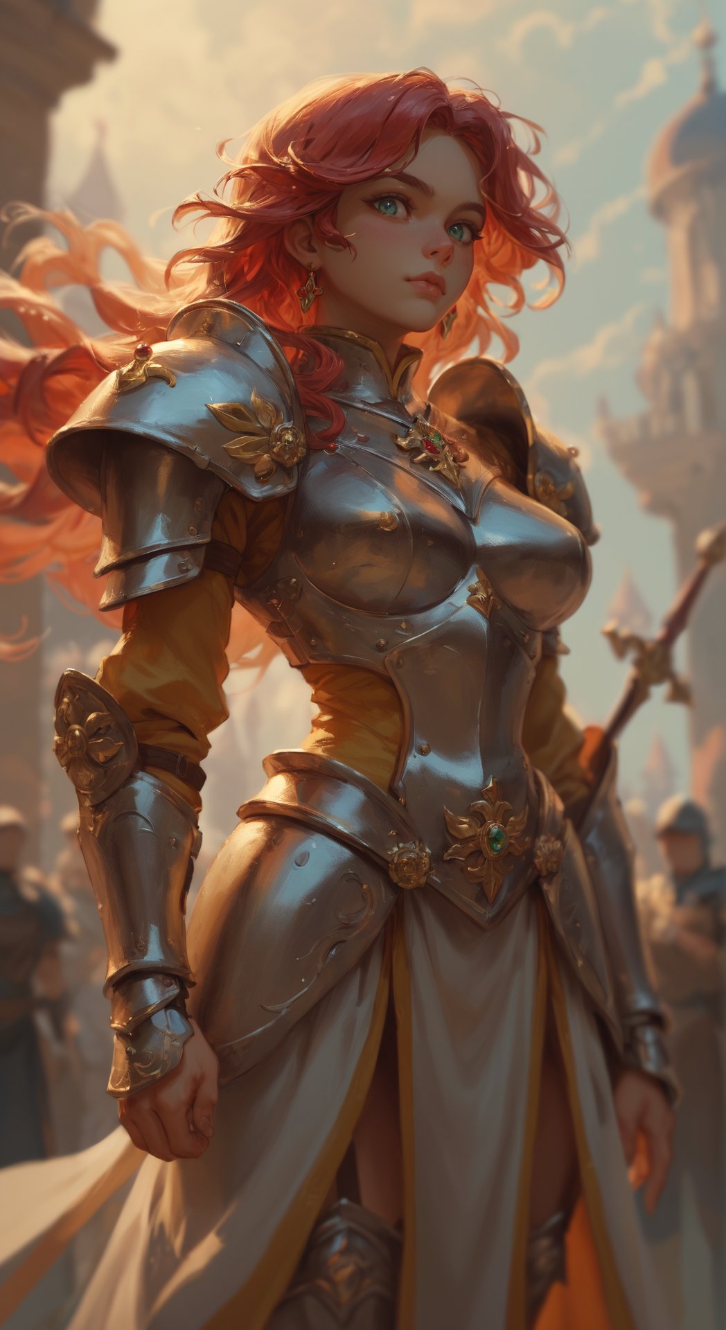 score_9, score_8_up, score_7_up, BREAK, Female Knight standing tall, clad in gleaming gilded armor adorned with an abundance of ornaments that shimmer and shine. Her armor is a masterpiece of craftsmanship, boasting intricate details and engravings that seem to dance across her imposing physique