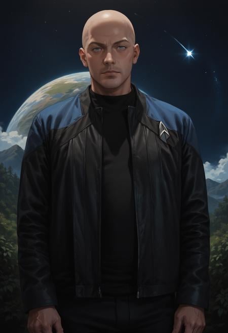 core_9, score_8_up, score_7_up ,score_6_up, man,scenery,dark skin,bald,space station interrior,pcdjck,Star trek jacket,blue shoulders,black shirt,<lora:PicardJacketPony>