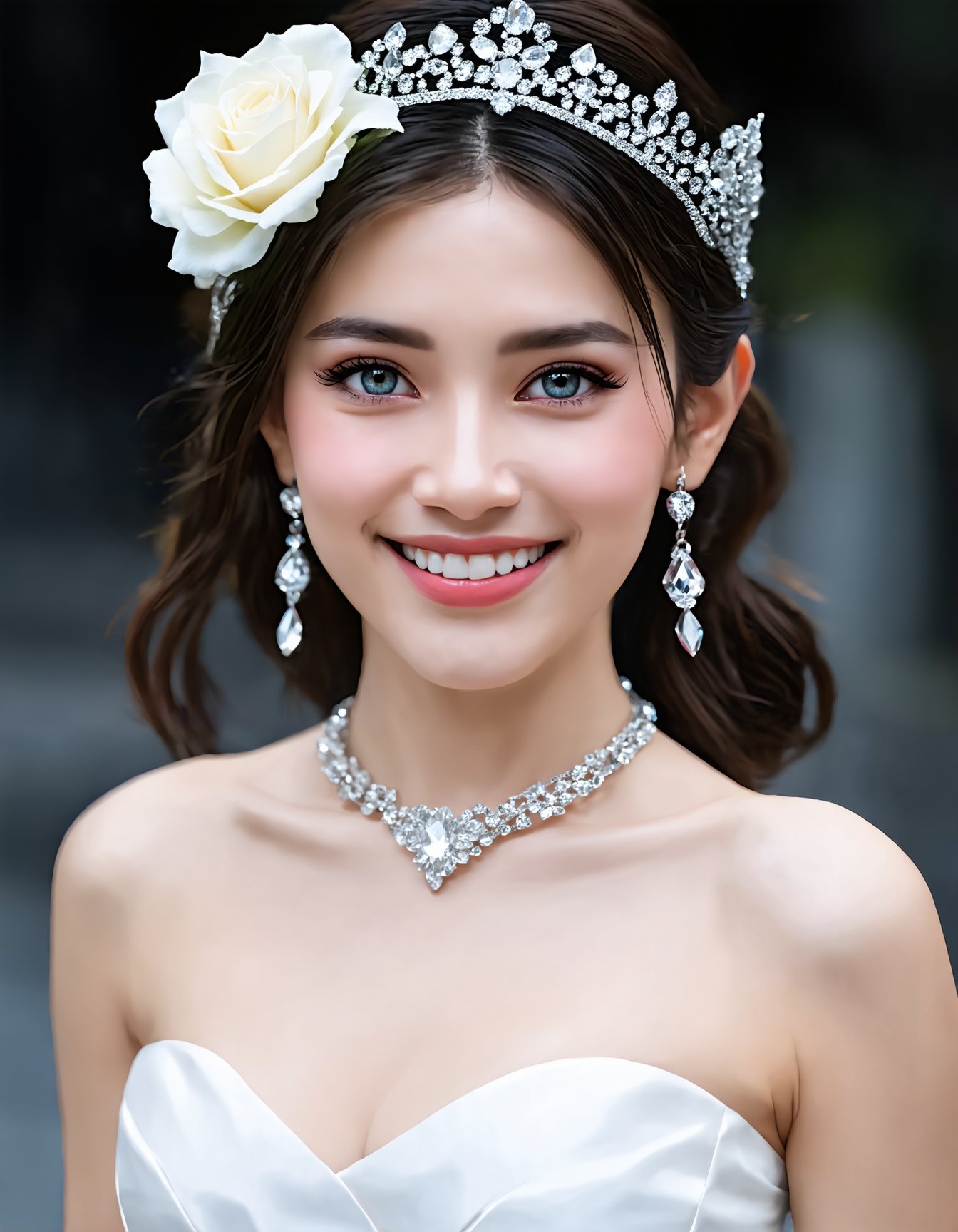 Ultra-detailed, highly realistic portrait of a smiling woman, looking at viewer, blue eyes, hair ornament, dress, jewelry, bare shoulders, collarbone, upper body, flower, earrings, hair flower, white dress, necklace, blurry, lips, blurry background, makeup, depth of field, rose, white flower, portrait, tiara, gem, eyeshadow, realistic, white rose, mascara, modern_style_boost_v1_slider_sd3m.safetensors