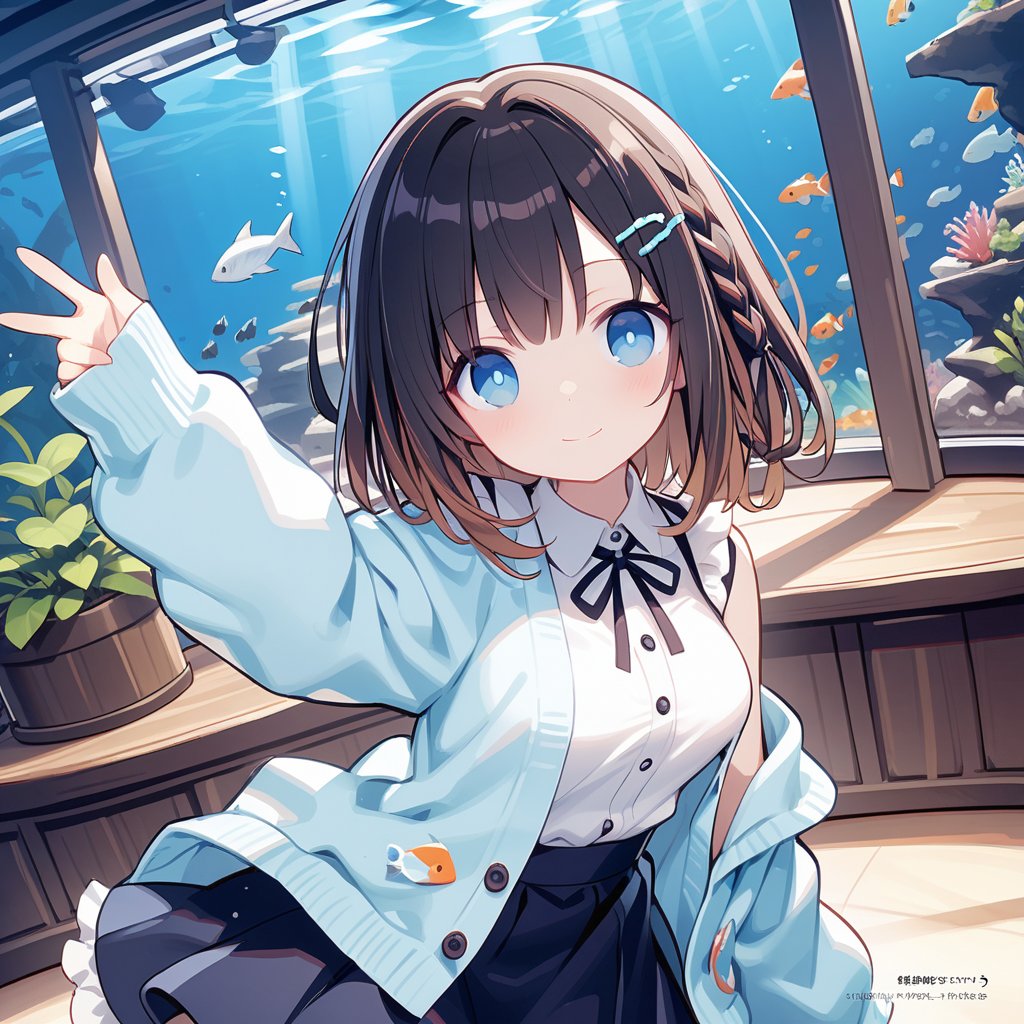 1girl, aquarium, skirt, solo, hair_ornament, looking_at_viewer, bangs, breasts, blush, smile, closed_mouth, shirt, long_sleeves, medium_breasts, blue_cardigan, dutch_angle, buttons, black_hair, blue_eyes, page_number, brown_hair, fish, water, cardigan, short_hair, shiny_hair, ribbon, shiny, open_clothes, braid, multicolored_hair, sleeves_past_wrists, hairclip, jacket, frills, hair_ribbon, white_shirt,(hqchr)