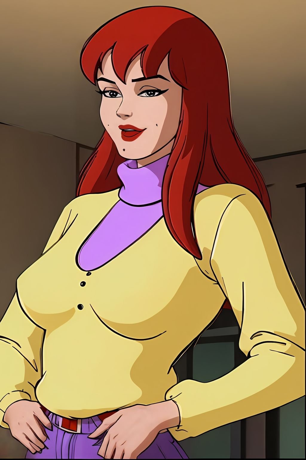 absurdres, mary jane watson, upper body, yellow sweater with purple turtleneck <lora:Mary Jane Watson_v1:1>