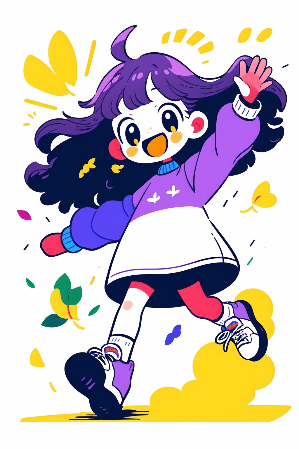 <lora:pencil style-7:0.8>,smile, kite, open mouth, simple background, long sword, shoes, white background, raise hand, socks, walk, black eyes, full body, long sleeves, purple hair, trainers, white shoes and socks, white socks, jumper, colourful, yellow coloured eyes, big leaves