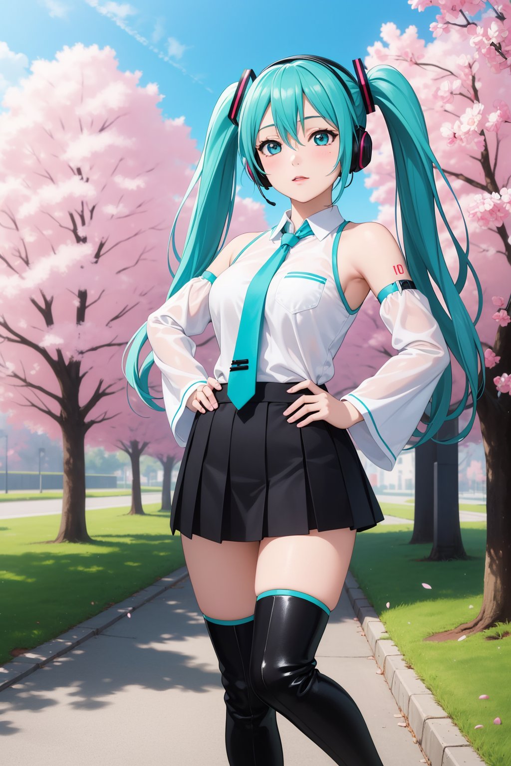 (best quality:1.4),(masterpiece:1.4),(photorealistic:1.4),(ultra high res, raw photo:1.4),(hdr, hyperdetailed:1.2),hatsune miku,pointing up,large pectorals,spread fingers,highres,light and shadow snowing,hand on another's face,cherry blossoms,hand on hip,pectoral lift,blush visible through hair,princess,aqua eyes,aqua hair,crossed bangs,hair between eyes,hair ornament,headphones,long hair,twintails,aqua necktie,black footwear,black skirt,black sleeves,boots,collared shirt,white detached sleeves,white shirt,necktie,pleated skirt,shirt,skirt,sleeveless,sleeveless shirt,thigh boots,tie clip,