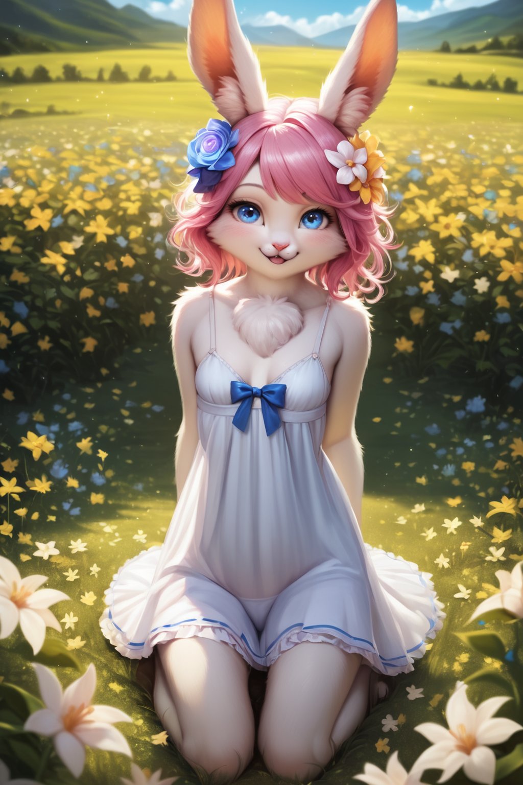 <lora:Furry_Novel_AI_Pony:1>,furry,anthro,novel ai,realistic fur,realistic detail,best quality,very aesthetic,good anatomy,uncensored,score_10,score_9,score_8_up,clear,1girl,bunny,pure white fur,pink hair,blue eyes,small breasts,slim,sundress,flower field,kneeling,holing flowers,flower in hair,cute smile,hyper_galaxy,fantasy,