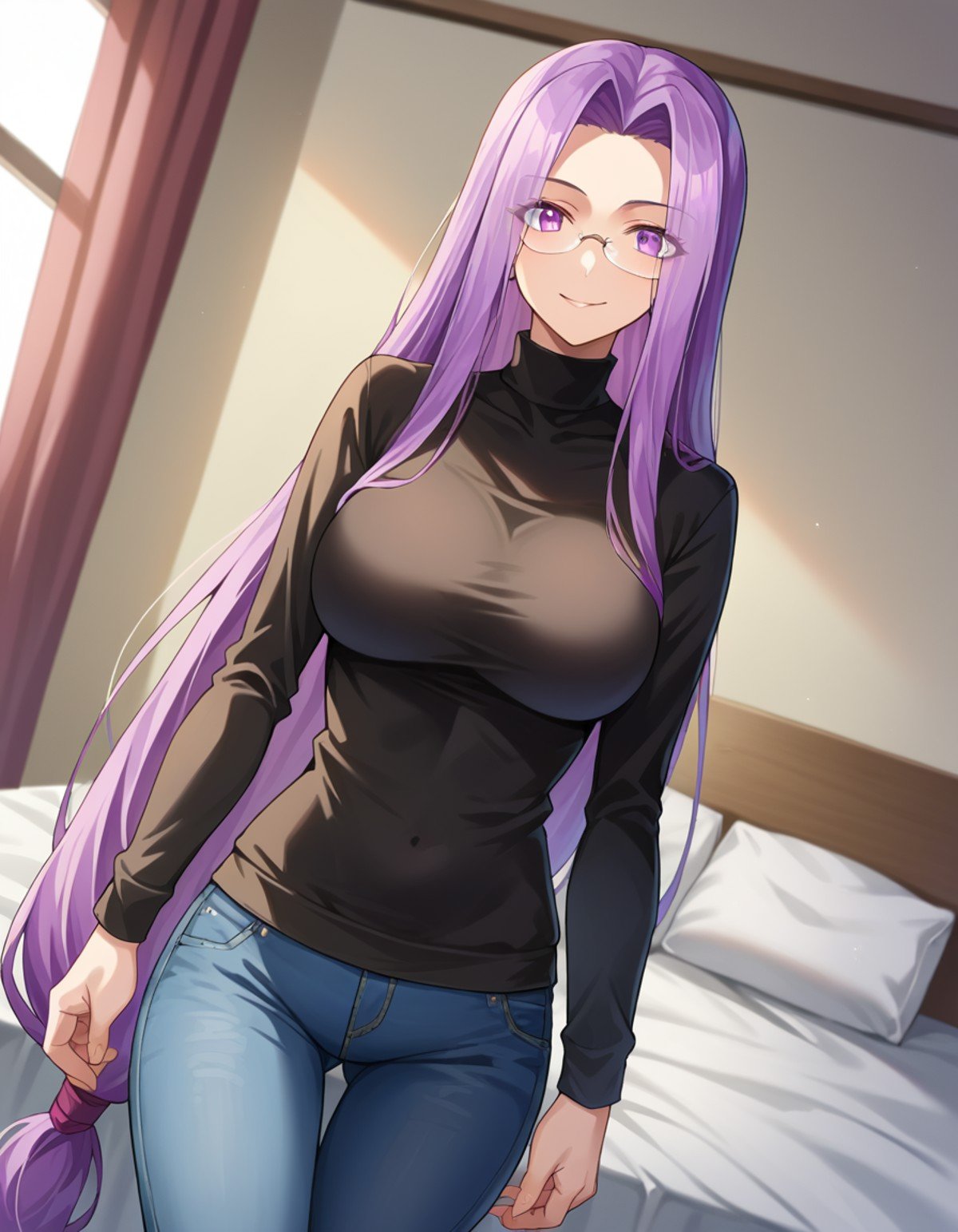 score_9, score_8_up, score_7_up, source_anime,medusarider, <lora:medusa-rider-ponyxl-lora-nochekaiser:1>,medusa rider, long hair, very long hair, purple hair, smile,long sleeves, purple eyes, glasses, pants, sweater, turtleneck, denim, low-tied long hair, jeans, black sweater,indoors, bed, bed room,looking at viewer, cowboy shot, dutch angle,