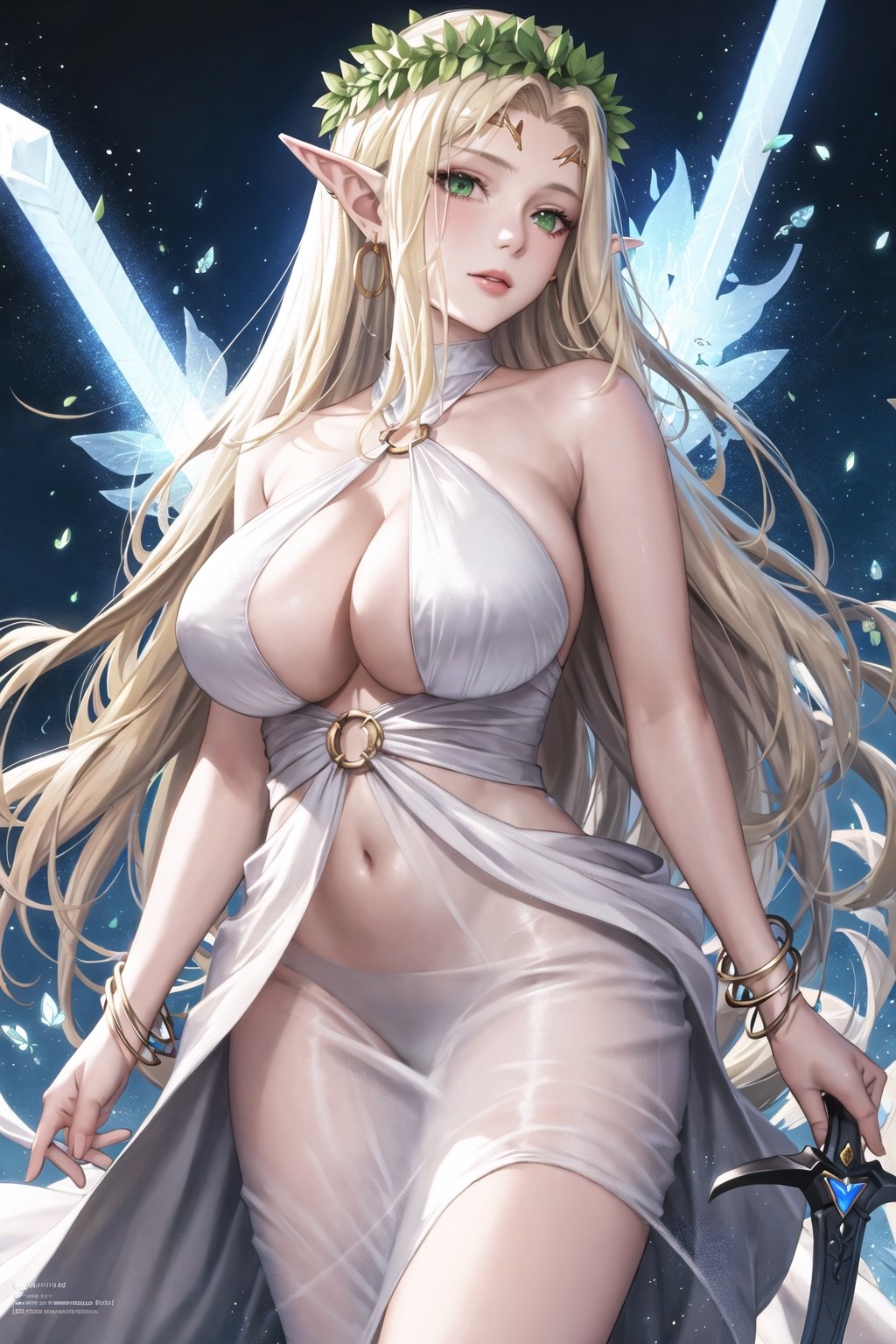 1girl, bare shoulders, blonde hair, bracelet, breasts, circlet, cleavage, dress, earrings, elf, energy sword, green eyes, head wreath, holding, huge breasts, jewelry, large breasts, laurel crown, long hair, looking at viewer, pointy ears, solo, sword, very long hair, weapon, white dress,celestine lucullus,realistic,(shiny skin),(masterpiece:1.4),(best quality:1.4)