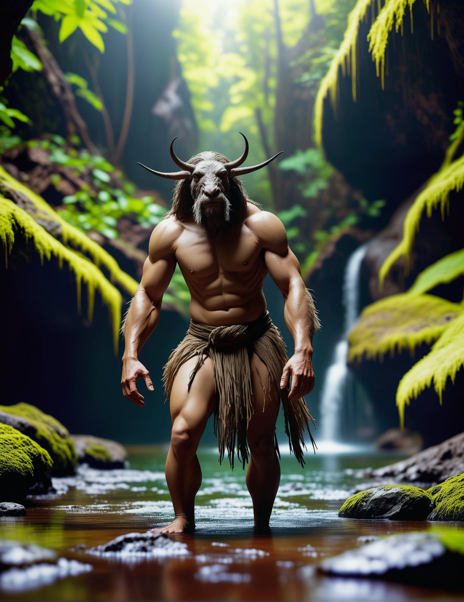 Wide angle photorealistic raw photography, (Solo figure in Classic Caveman Loincloth:1.3), Off-center composition, Standing pose, (Long-sleeved attire:1.2), Hidden Water Springs in Deep Forests setting, Artistic whisker details, Casual yet captivating.<lora:Human Cat XL-09:1>(hmnzct Flour Beetle:1.3),