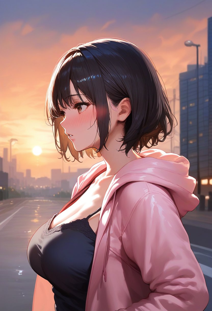 score_9, score_8_up, score_7_up, score_6_up, source_anime, <lora:GEN 0.1v:0.9>, GEN,1girl, solo, outdoors, hood, jacket, blush, short hair, hood down, open clothes, hooded jacket, black hair, sky, lamppost, pink jacket, upper body, sunset, open jacket, bangs, blurry, hoodie, blurry background, building, city, camisole, black camisole, parted lips, from side, long sleeves, road, breasts, cloud, brown eyes, collarbone,large breasts, water cleavage,