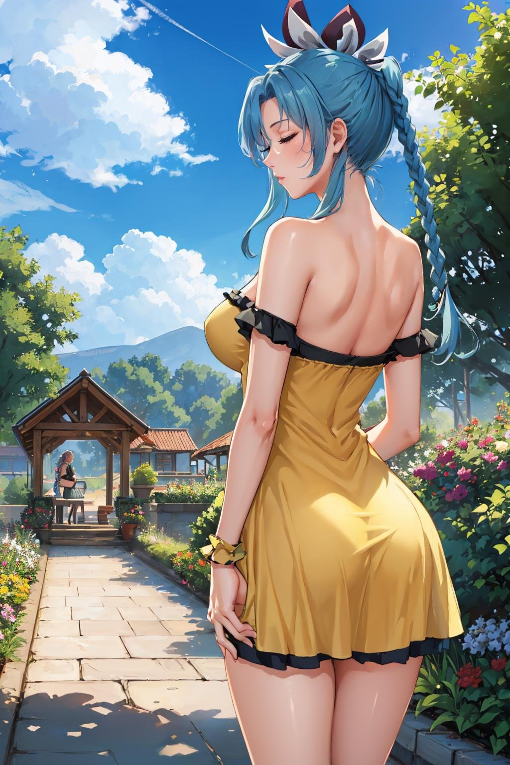 masterpiece, best quality,  <lora:mishera-nvwls-v1-000009:1> mishera, closed eyes, braid, hair ornament, hair ribbon, from behind, (yellow sundress:1.3), garden, clouds, sky, looking at viewer, large breasts