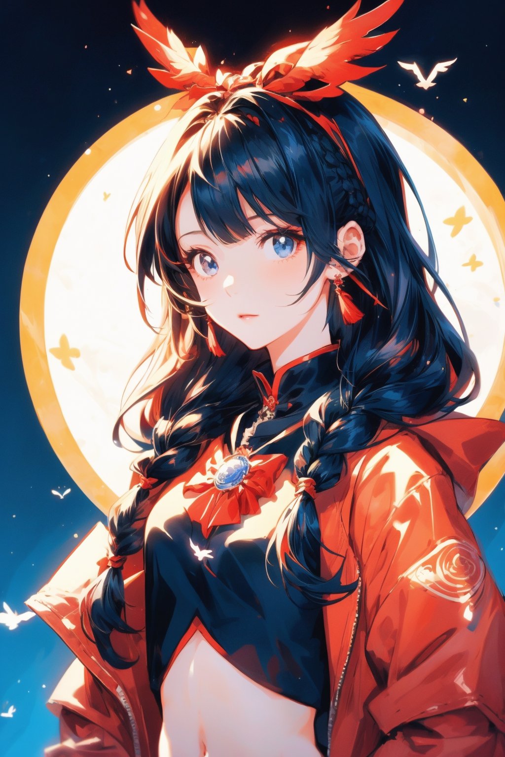 a girl in a red and black outfit with a bird on her head,Senketsu Illustration,portrait of a magical girl,Flat anime style,wearing a tribal outfit,full art illustration,blue cyborg,short twin tails,dribbble style illustration,One Eye Red,jewelry,upper body,earrings,braid,twin braids,necklace,black hair,jacket,long hair,bangs,shirt,red jacket,black shirt,circle,long sleeves,1girl,navel,anime style,<lora:menghuangan_max:0.7>,<lora:fanguang_V1-000014:0.5>,<lora:add_detail:0.5>,