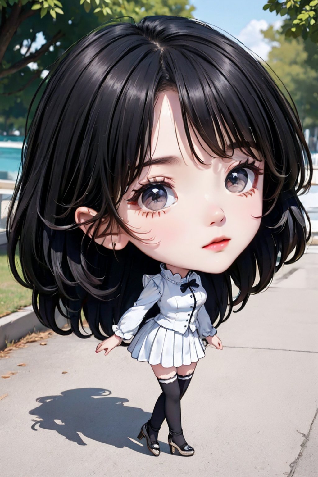 cinematic photo 1girl,brown eyes,(black long straight hair:1.2),(full body:1.2),(chibi:1.5),looking at viewer,8k uhd,dslr,soft lighting,high quality,film overlay,film grain,Fujifilm XT3,outdoors,photorealistic,realistic,solo,richly defined face,dewy skin,products shot,(high detailed skin:1.2),detailed face and eyes,natural skin texture,highly detailed skin,textured skin,skin pores,imperfect skin,visible skin detail,detailed skin texture,dynamic pose,windy,young beauty,(pleated skirt),thighhighs,thigh high nylon stockings,high heel shoes,outdoors,sun light,<lora:girl_1:1>,<lora:chibi_v1:1>,