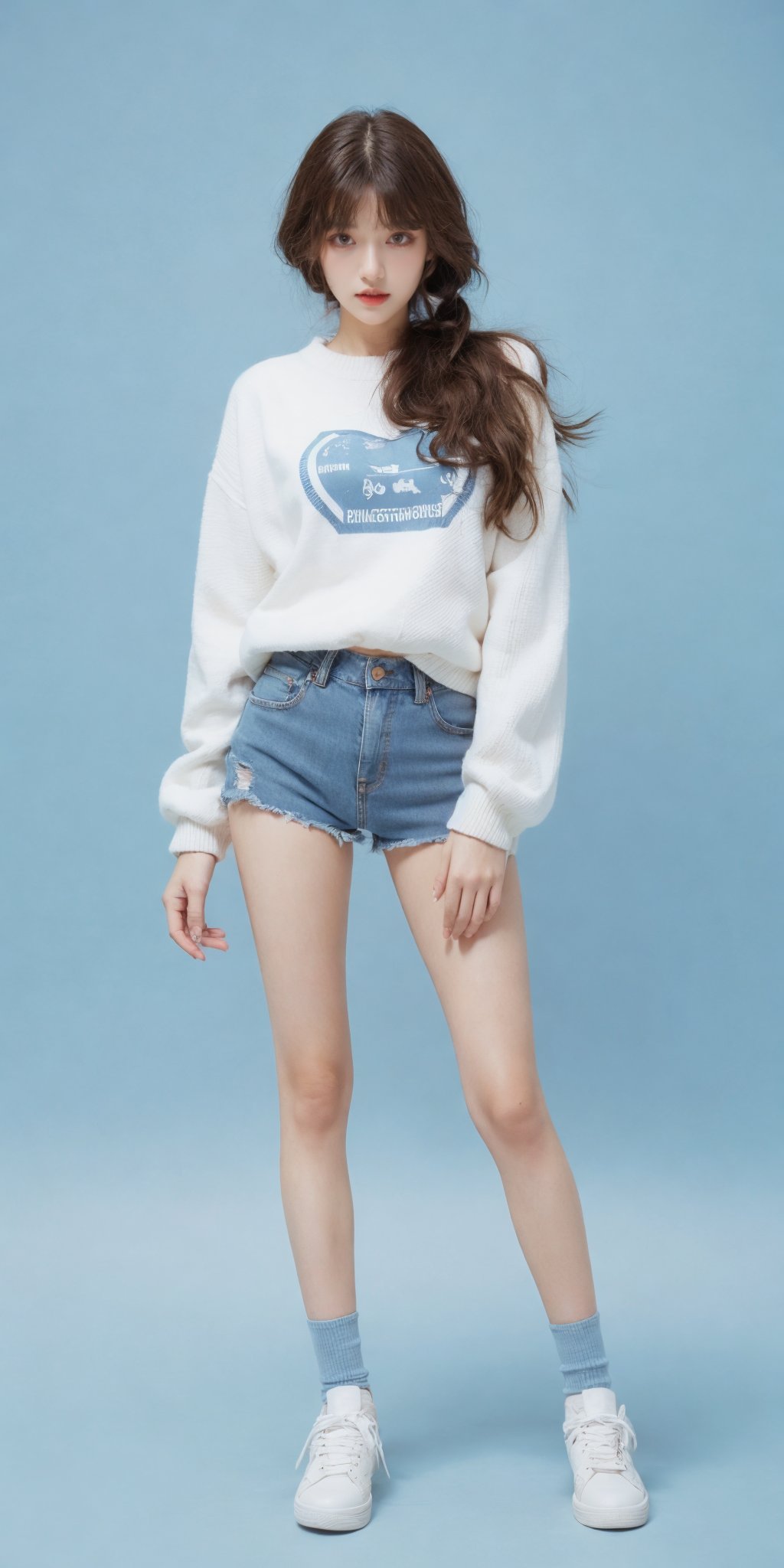 1girl,(standing:1.3),(denim_shorts:1.2),(blue background:1.3),(white sweater:1.2),white sneaker,