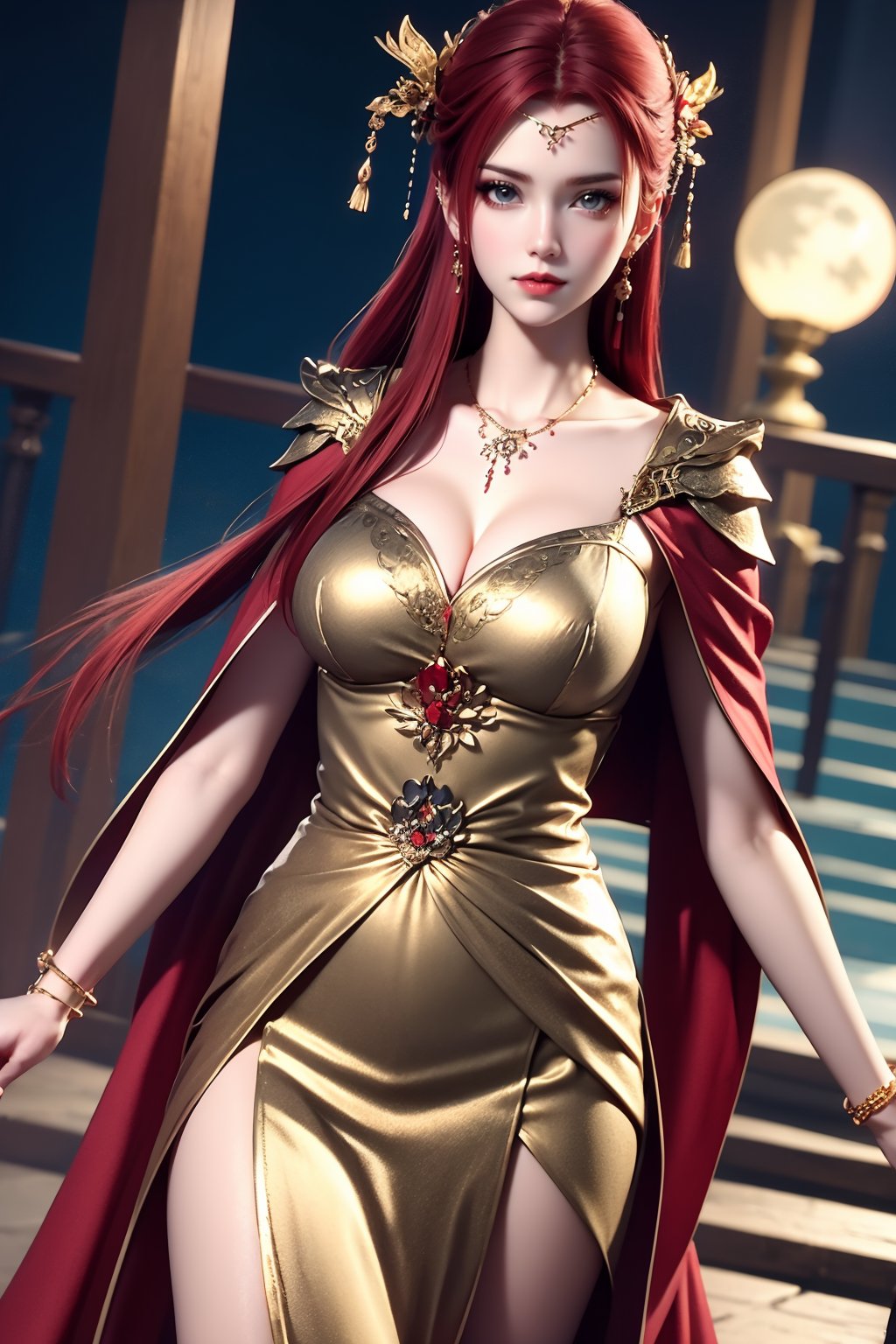 1girl, jewelry, red hair, solo, earrings, long hair, looking at viewer, red lips, dress, blurry, blurry background, armor, hair ornament, breasts, cape, outdoors, necklace, shoulder armor, parted lips, bracelet, moon, collarbone, night, gold trim, grey eyes, lips, makeup, red dress, cowboy shot, flower, blue eyes, standing, railing, red cape, realistic, large breasts, depth of field, lipstick, pauldrons, chinese clothes, breastplate, blush