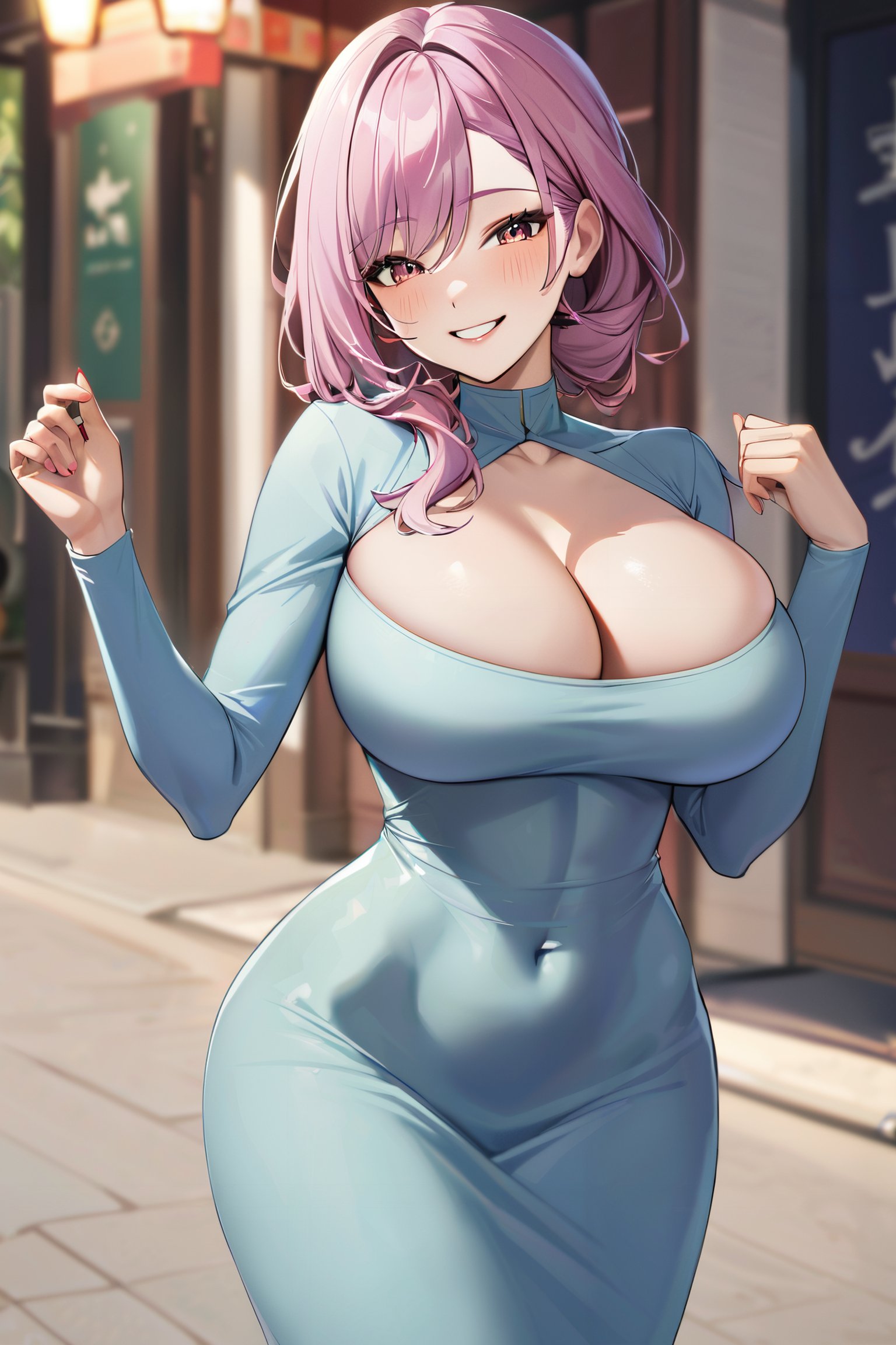 <lora:dongtan_dress_xl_goofy:1>dongtan dress, 1girl,solo,cleavage, large breasts,long sleeves,covered navel, smile,happy,parted lips