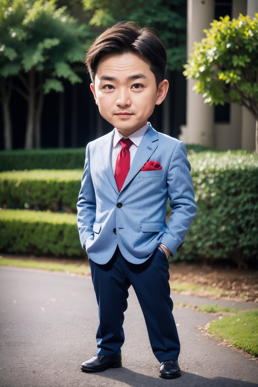 necktie, 1boy, male focus, chibi, red necktie, pants, hands in pockets, realistic, looking at viewer, outdoors, sweatshirt, blurry background, jacket, formal, black footwear, white shirt, road, standing, blue jacket, grey hair, tree, blue pants, black pants, collared shirt, shoes, buttons, full body, solo focus, closed mouth, solo, short hair, day, long sleeves, photorealistic, depth of field, old, grey eyes, blazer, old man, street, white hair