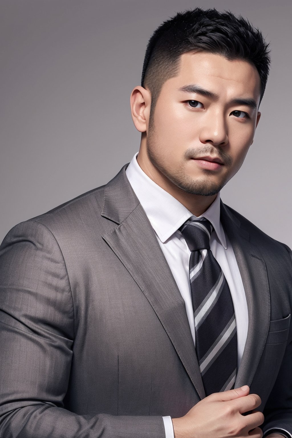 zhuangxiong,muscular male,male focus,bara,suit,shirt,tie,gray gradient background,<lora:bara_male_v2.0:0.8>,, masterpiece,best quality,