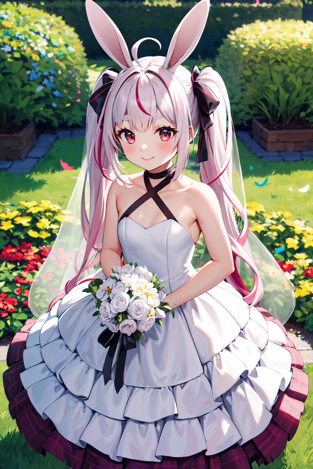 masterpiece, best quality, highres, aatomari, long hair, ahoge, twintails, hair bow, multicolored hair, rabbit ears, thick eyebrows, <lora:tomari_mari_v1:0.7>, wedding dress, white dress, garden, confetti, smile, holding bouquet, smile