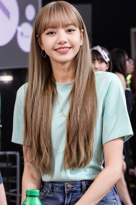 a woman with long hair and a green shirt smiling at the camera with a bottle of beer in her hand