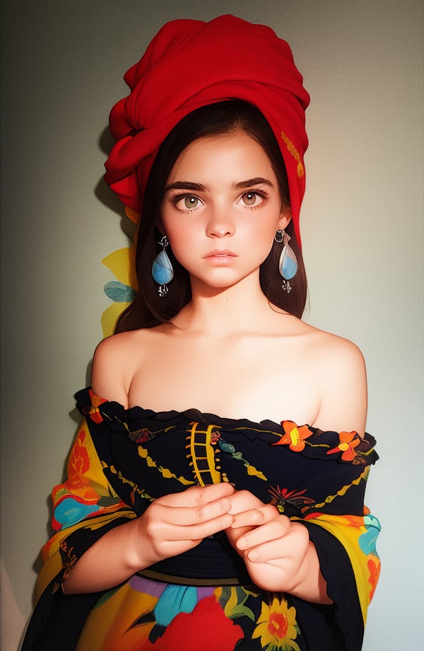 photorealistic, upper body, stand, 1girl 17 year-old, thick eyebrows, earrings, (Turbant:1.2), super detailed skin texture, looking at viewer, black hair, off shoulder floral dress bright and very colorful, silver blue,  photo studio, dark simple blurred background, perfectly illumination,<lora:detail_slider_v4:1> <lora:flashphoto:1> <lora:InstantPhotoX3:0.3> <lora:Turbant:1> <lora:NightphotoV1-0:0.3>