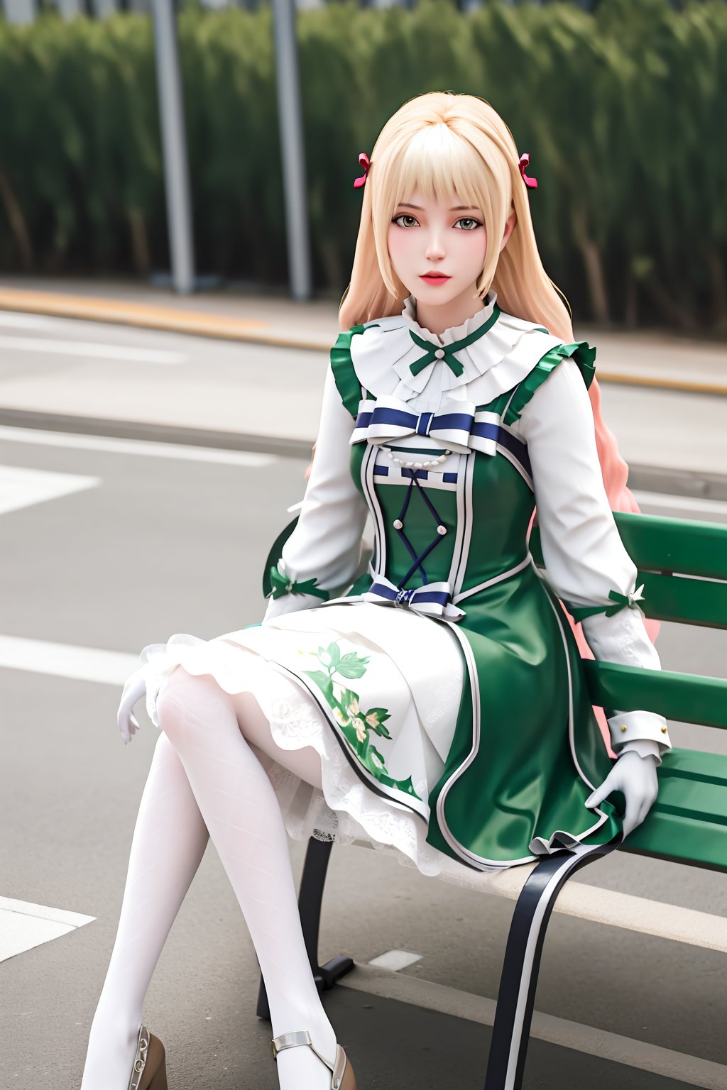 (best quality,masterpiece:1.2),ultra detailed,8k,RAW photo,realistic,photorealistic,ultra-detailed,intricate detail,extremely detailed,delicate pattern,looking at viewer,park,park bench,people, walker \(robot\), <lora:C_反派初始化_乔伊_短裙白丝_JULY:0.7>,1girl,solo,blonde hair,long hair,hair ribbon,ribbon,long sleeves,white gloves,dress,white pantyhose,