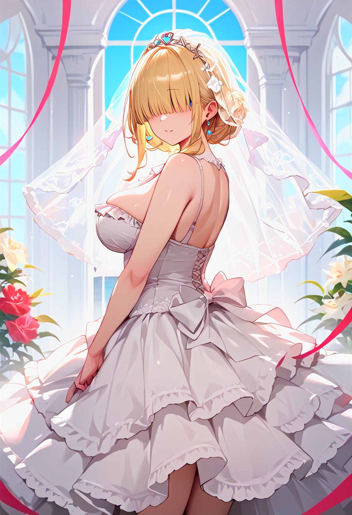 <lora:WD-XLPony_006:0.7>, 1girl, blonde, hair over eyes, wedding dress, clothing with intricate frills and embroidery, bridal veil, luxurious clothing, bathroom, detailed background, incredibly absurdres, colorful, HD, hyper detailed, ultra detailed, score_9, score_8_up, score_7_up, source_anime, perfect anatomy, masterpiece, best quality, very aesthetic