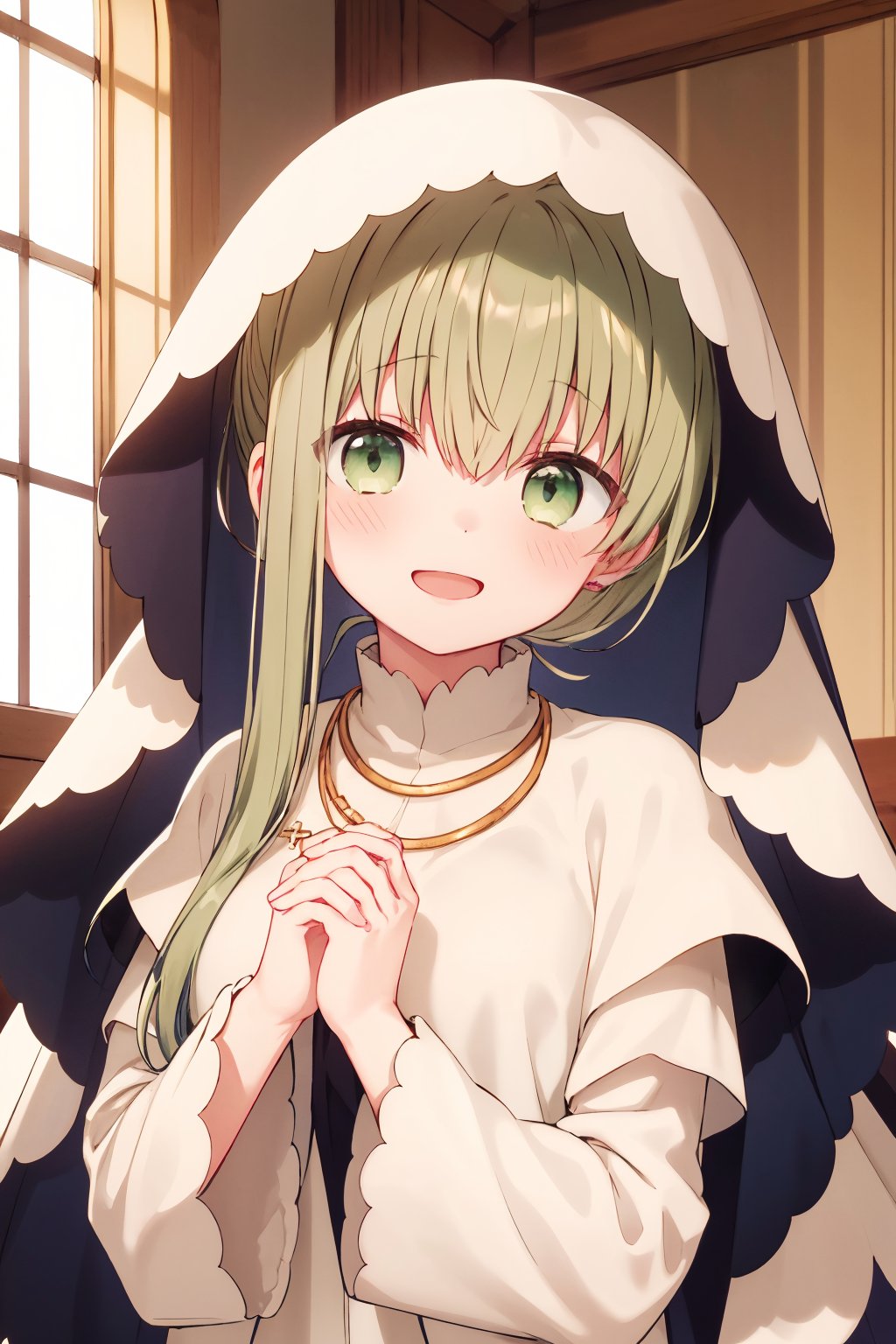 1girl, cecilia \(shiro seijo to kuro bokushi\), official art, solo, smile, open mouth, blush, eyebrows visible through hair, :d, long sleeves, hair between eyes, looking at viewer, own hands together, upper body, wide sleeves, green eyes, hands up, white dress, veil, jewelry, interlocked fingers, latin cross, very long hair, white capelet, cross necklace, ponytail, capelet, green hair, side ponytail, puffy sleeves, hood up, two-tone background, head tilt, own hands clasped, white shirt, hands on own chest, fingernails, indoors, window, church<lora:cecilia_shiro_seijo_locon_v1:0.9>