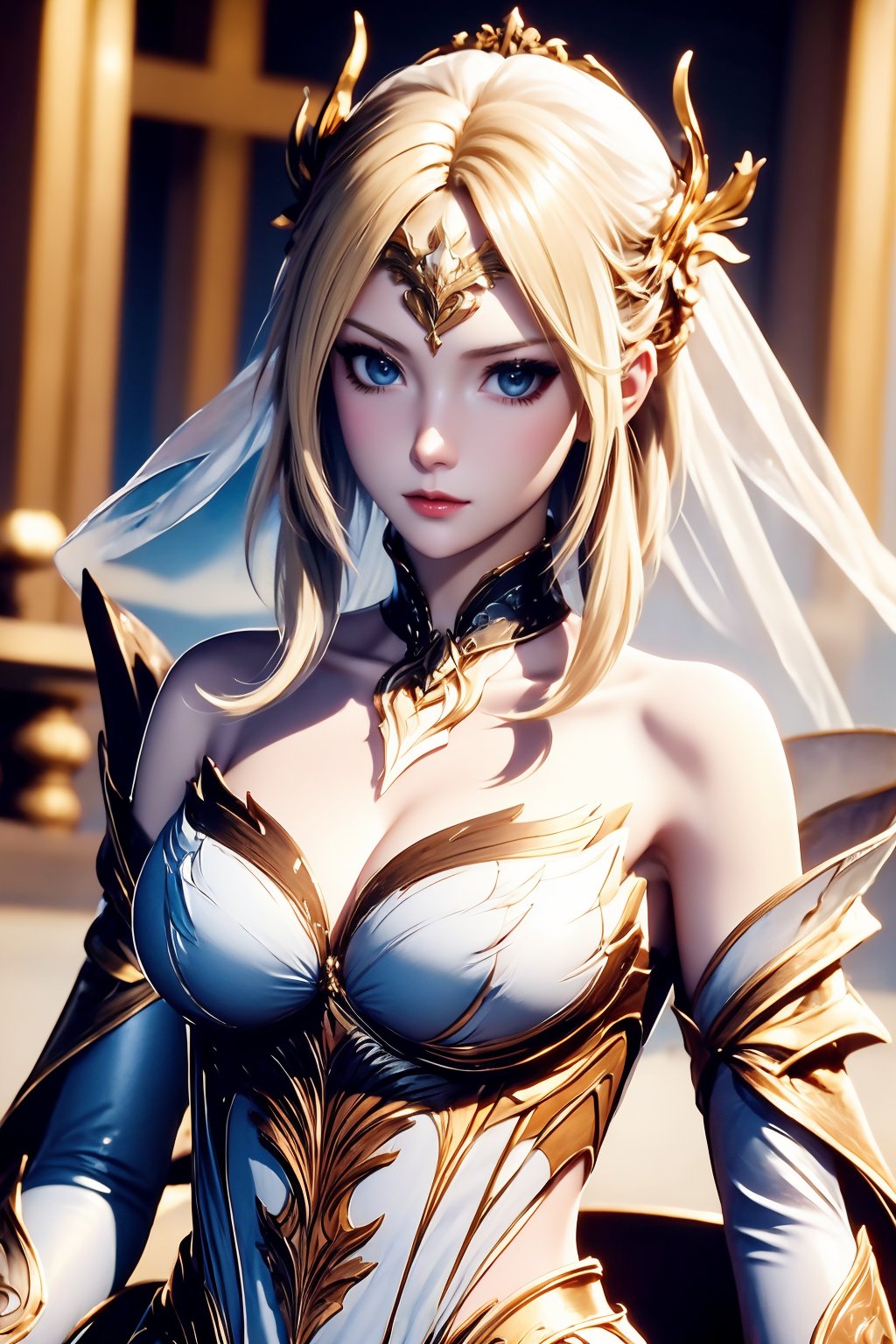 1girl, solo, blonde hair, upper body, blue eyes, long hair, breasts, bare shoulders, looking at viewer, hair ornament, white dress, veil, dress, detached collar, cleavage, closed mouth, large breasts, blurry background, detached sleeves, collarbone, armored dress, armor, medium breasts, blurry