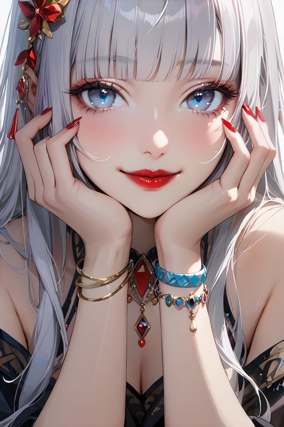 1girl, solo, long hair, looking at viewer, smile, blue eyes, hair ornament, white background, jewelry, white hair, closed mouth, blunt bangs, nail polish, bracelet, lips, grey eyes, portrait, red nails, close-up, red lips, hands on own face, hands on own cheeks,(masterpiece:1.2),(best quality:1.2),