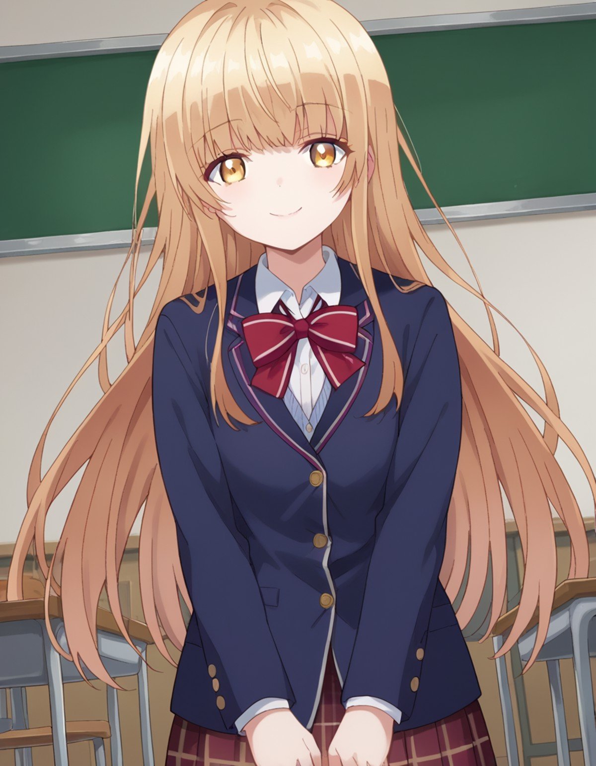 score_9, score_8_up, score_7_up, source_anime,mahirushiina, <lora:mahiru-shiina-s1-ponyxl-lora-nochekaiser:1>mahiru shiina, bangs, blonde hair, brown hair, yellow eyes,long hair, skirt, bow, school uniform, jacket, pleated skirt, plaid, plaid skirt, blazer, cardigan, blue blazer, red bowtie,indoors, classroom, smile,looking at viewer, dutch angle, cowboy shot