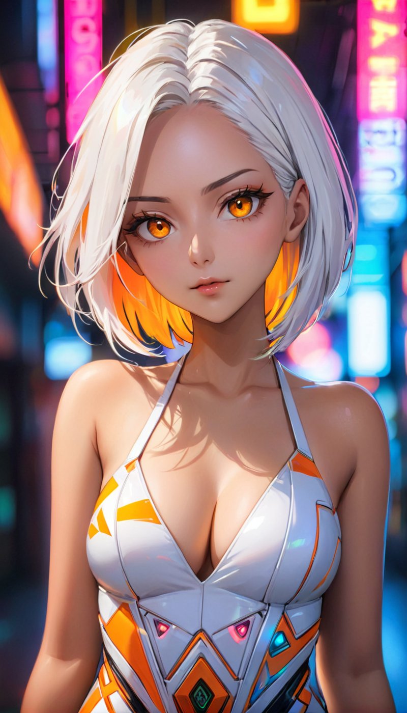 extreemely detailed,sexy, cleavage, fancy colorful dress, amazing background, chromatic aberration, cyberpunk, neon lights in the background, high definition photo, ultra detailed skin, ultra detailed face, small skin imperfections, 1girl, Lob (long bob), small boobs, flat chest, Heavyset body, orange eyes, White hair