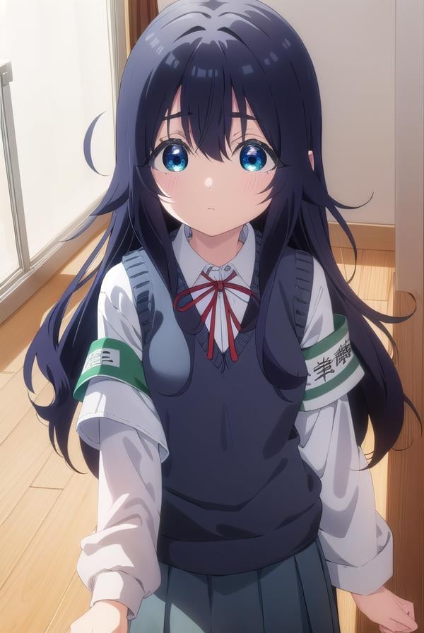 shizukayoshimoto, <lora:shizuka yoshimoto s1-lora-nochekaiser:1>,shizuka yoshimoto, long hair, bangs, blue eyes, black hair, hair between eyes, wavy hair,BREAK skirt, shirt, ribbon, school uniform, white shirt, pleated skirt, red ribbon, neck ribbon, armband, sweater vest,BREAK indoors, classroom,BREAK looking at viewer, (cowboy shot:1.5),BREAK <lyco:GoodHands-beta2:1>, (masterpiece:1.2), best quality, high resolution, unity 8k wallpaper, (illustration:0.8), (beautiful detailed eyes:1.6), extremely detailed face, perfect lighting, extremely detailed CG, (perfect hands, perfect anatomy),