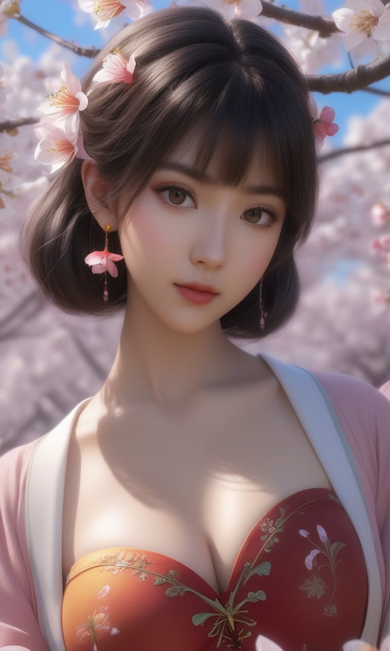 (,1girl, pov,best quality, )masterpiece, fantasy, realistic,science fiction,mole, ultra realistic 8k cg, ,tamari \(flawless\),  cleavage,large breasts  ,rapeseed blossoms, lemon blossoms, orange blossoms, spider lily, lily \(flower\),cherry blossoms,plum blossoms, strawberry blossoms      ((()))