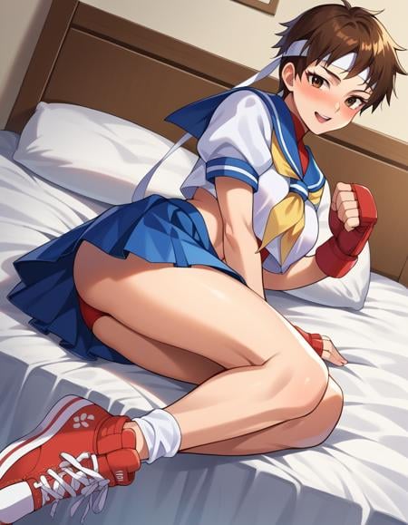 score_9, score_8_up, score_7_up, source_anime,sakurakasugano, <lora:sakura-kasugano-ponyxl-lora-nochekaiser:1>,sakura kasugano, brown eyes, brown hair, short hair, mature female,ankle socks, blue skirt, crop top, headband, midriff, miniskirt, navel, sailor collar, school uniform, shoes, short sleeves, skirt, sneakers, socks, stomach, shirt, white shirt, white headband, gloves, red gloves,indoors, bed, bed room, on side, blush, drunk,looking at viewer, dutch angle, cowboy shot,