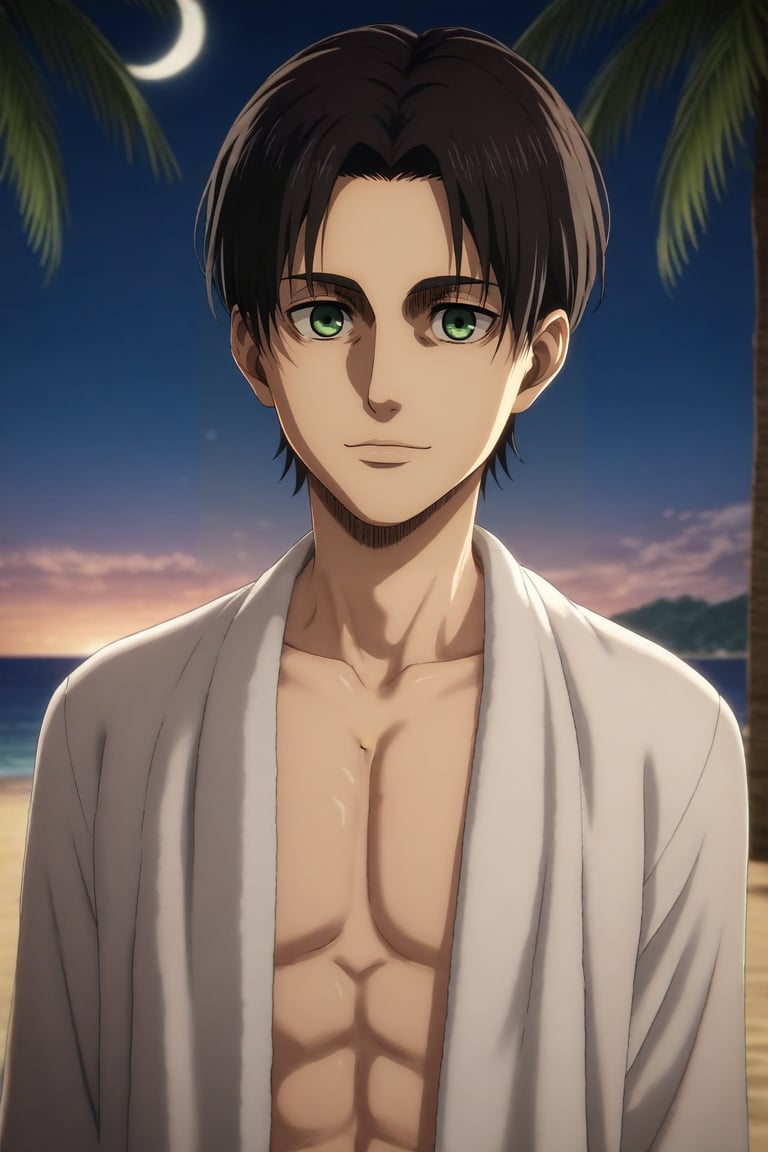 score_9, score_8_up, score_7_up, source_anime, rating_safe, intricate details, (3d:0.4), looking at viewer, , 1boy, male focus, green eyes, chestnut hair,, solo, panorama, beach, palm tree, towel, night, crescent moon, arm at side, light smile, <lora:shingeki_no_kyojin_s4_style_pony:0.72>, shingeki_no_kyojin_s4_style, <lora:sdxl_lightning_8step_lora:1>