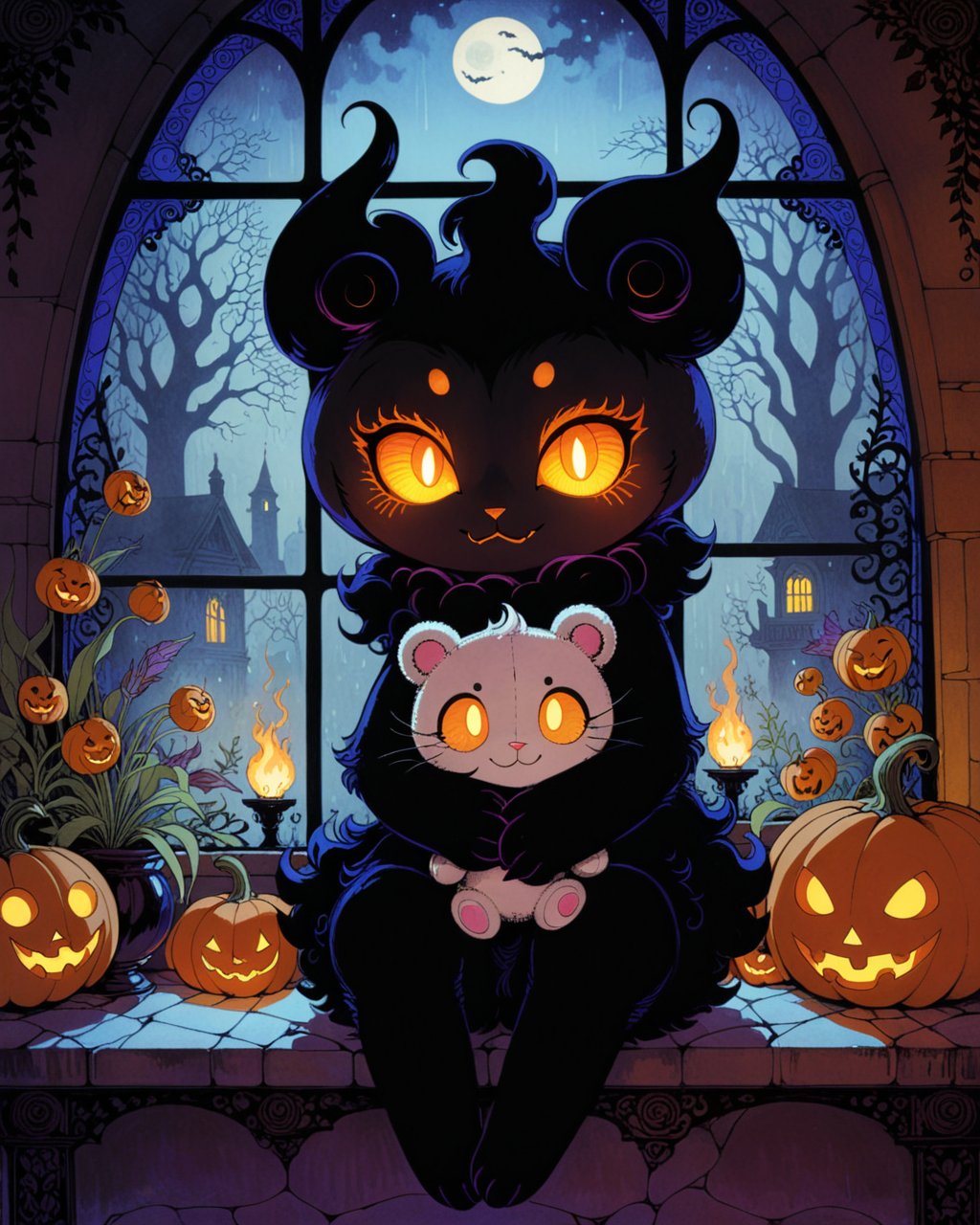 marshadow, happy, hugging plushie, sitting, glowing eyes, fluffy, BREAK, by Harry Clarke, by Louis Wain, halloween, detailed background, detailed foreground, depth of field, ambient silhouette, backlighting, hunting house, window, fountain, plant, foggy,