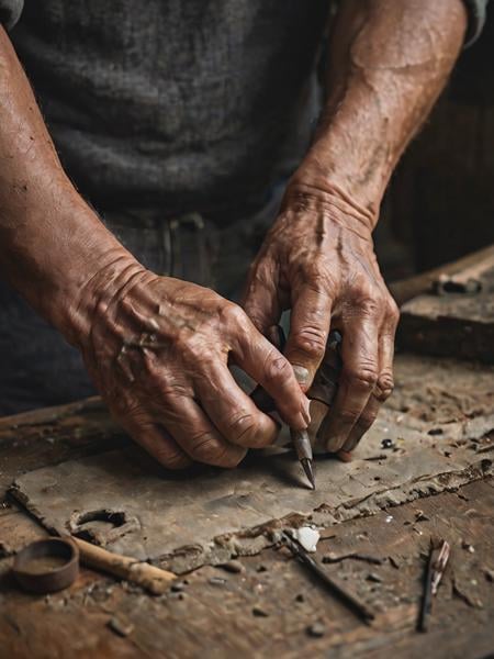A close-up portrait of an artisan's weathered hands, intricately working with traditional tools, focusing on the textures of the skin and the concentration in their craft, set against the backdrop of their workshop.