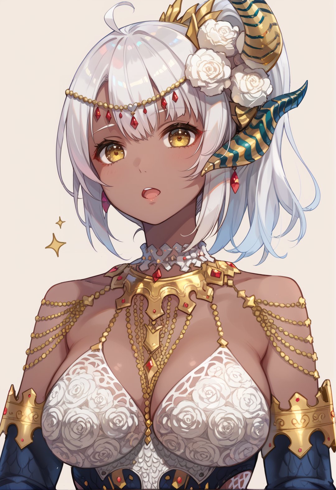 (score_9:0.9),score_8_up,score_7_up,rating_safe,anime style,(zPDXL),<lora:EX Kulve Taroth Beta Armor ponyXL v1.4:0.77>,1girl,solo,dark-skinned female,white hair,ponytail,long hair,single horn hair ornament,looking at viewer,yellow eyes,simple background,short hair,open mouth,cleavage,large breasts,medium breasts,ex kulve taroth beta armor,