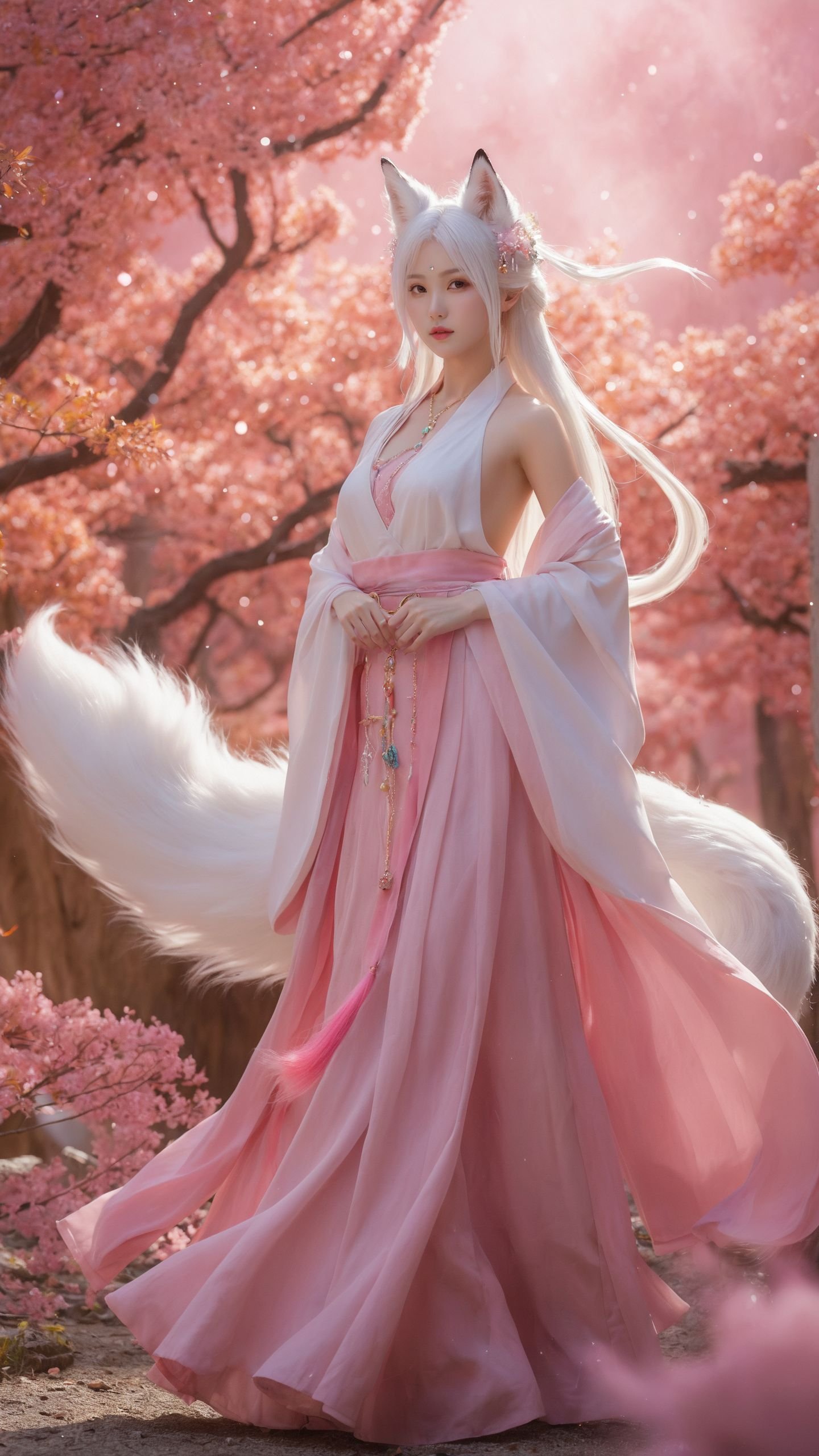 1girl,(full body:1.1),(facing camera:1.1),(nine-tailed fox tail:1.2),(navel:1.1),(multiple tails:1.3),This image showcases A beautiful girl,wearing a gorgeous Hanfu and exquisite jewelry on her head,(flowing white hair and fox-like ears:1.2),pink smoke swirls around .,(The long nine-tailed fox tail is look like clouds:1.4),the light pink color scheme creates a soft tone,pink smoke swirls around,an ethereal aura and mysterious atmosphere .,It is a high definition wallpaper with perfect details,super resolution,and high definition images.,The delicate brushstrokes are in the style of fantasy with mysterious colors and soft lighting effects.,(looking at viewer:1.1),medium breasts,barefoot,white tail,ray tracing,shadows,ultra sharp,metal,cold colors,Epic CG masterpiece,(3D rendering),facing camera,masterpiece,best quality,((ultra realistic details:1.5)),glass-like sparkling eyes are blurry and dreamy,(muscle tone and definition),(finely detailed features),stunning colors,cinematic lighting effects,super wide Angle,light particles,light particle art,glowing,dynamic poses,surreal,futurism,concept art,exquisite facial features,super delicate face,