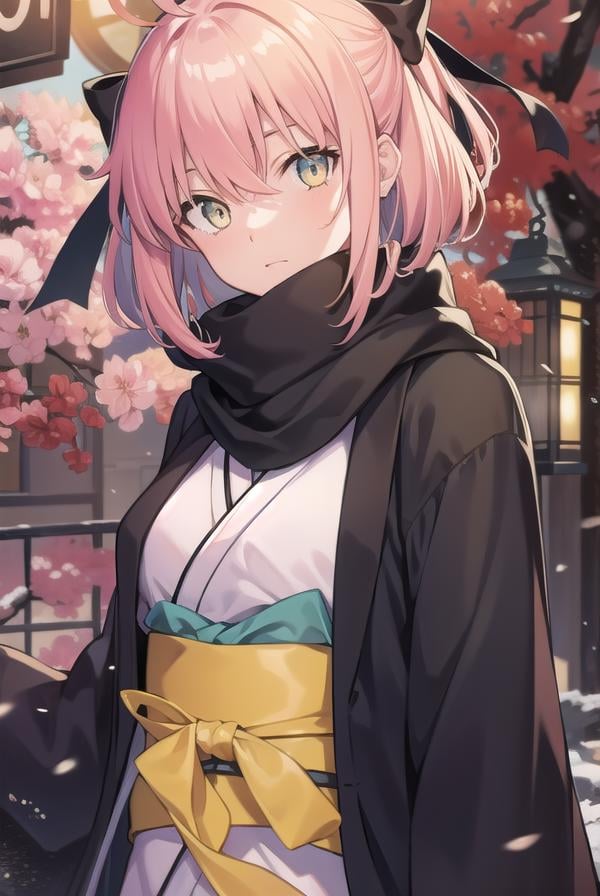 okitasouji, <lora:okitasoujitest:1>, okita souji, ahoge, black bow, pink hair, hair between eyes, hair bow, short hair, (yellow eyes:1.5),BREAK japanese clothes, kimono, sash, scarf,,BREAK outdoors, city,BREAK looking at viewer,BREAK <lora:GoodHands-vanilla:1>, (masterpiece:1.2), best quality, high resolution, unity 8k wallpaper, (illustration:0.8), (beautiful detailed eyes:1.6), extremely detailed face, perfect lighting, extremely detailed CG, (perfect hands, perfect anatomy),