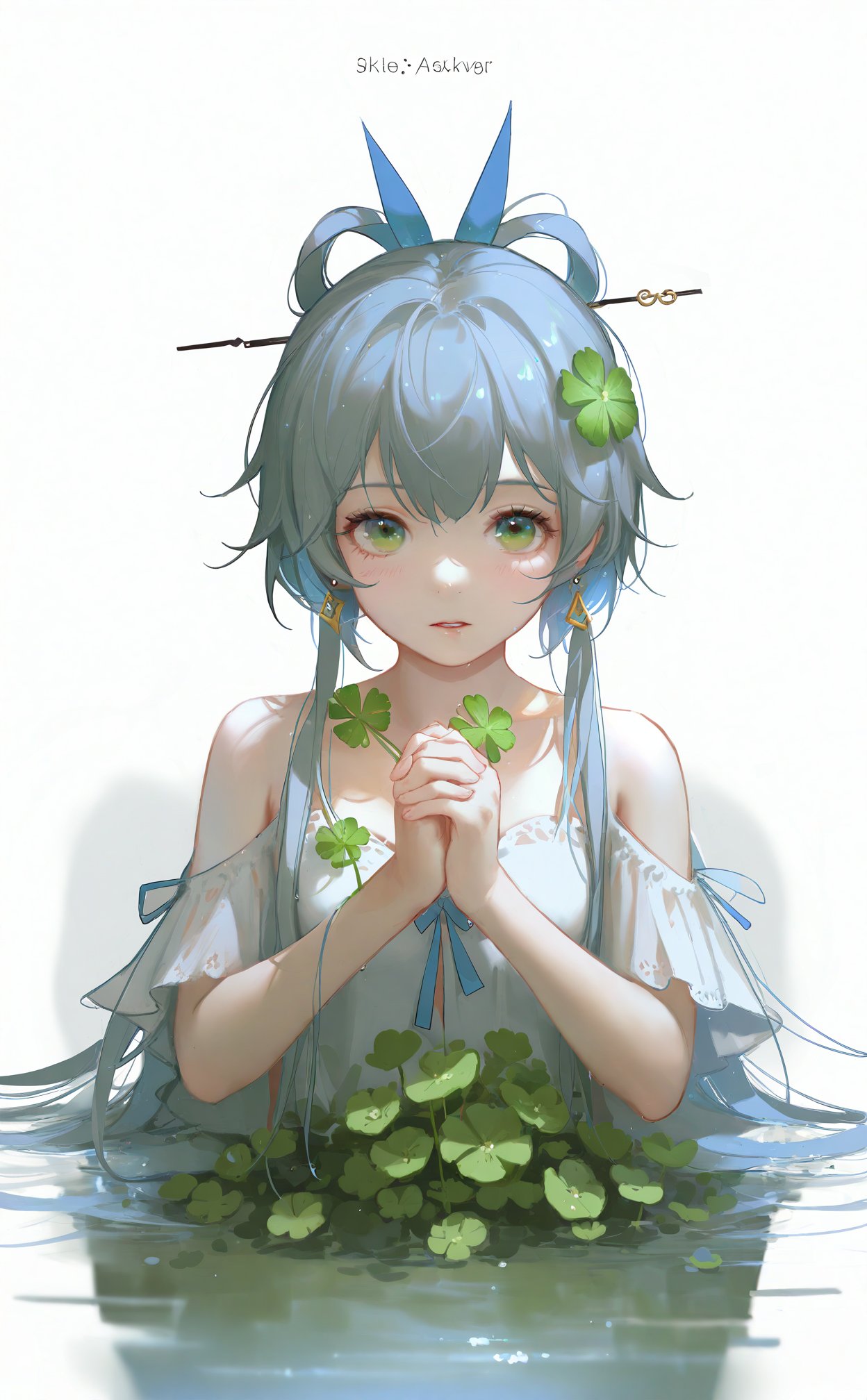 masterpiece,best quality,high quality,(colorful),[Artist sk (askzy)],[Artist wlop],Artist SHC, 1girl,Luo Tianyi (Vocaloid), clover, solo, long hair, green eyes, four-leaf clover, dress, flower, own hands together, looking at viewer, water, hair ornament, parted lips, very long hair, bangs, earrings, white background, jewelry, bare shoulders, upper body, white dress, hair flower, ribbon, simple background, hands up, blush