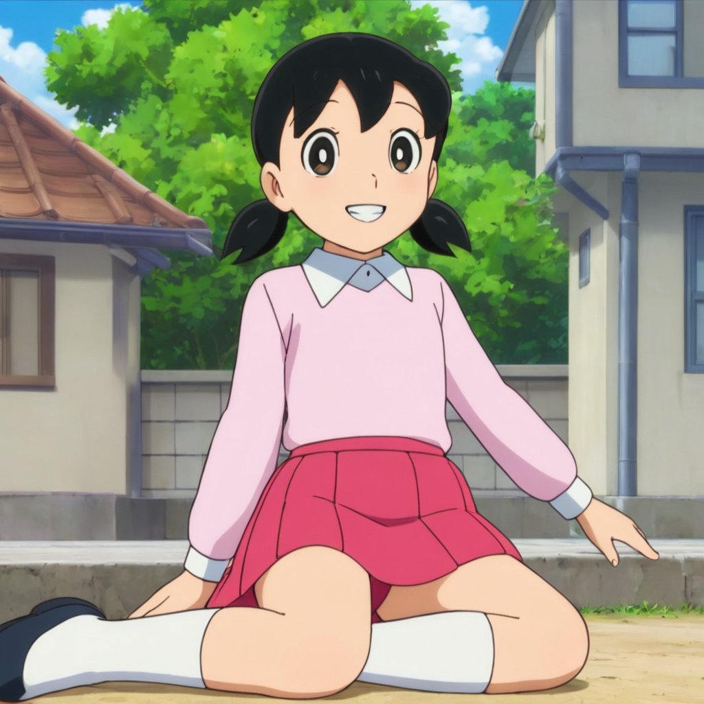 minamoto shizuka,1girl, solo, skirt, twintails, red skirt, black hair, smile, shirt, outdoors, sitting, black eyes, looking at viewer, yokozuwari, bright pupils, low twintails, long sleeves, shoes, pink shirt, white pupils, collared shirt, grin, day, socks, white socks, short twintails, on ground, building, full body, blush, arm support, teeth, sky,masterpiece, perfect face, best quality, beautiful eyes, shiny eyes, anime coloring, anime screencap, absurdres, award winning,<lora:minamoto shizuka aam 905:0.8>