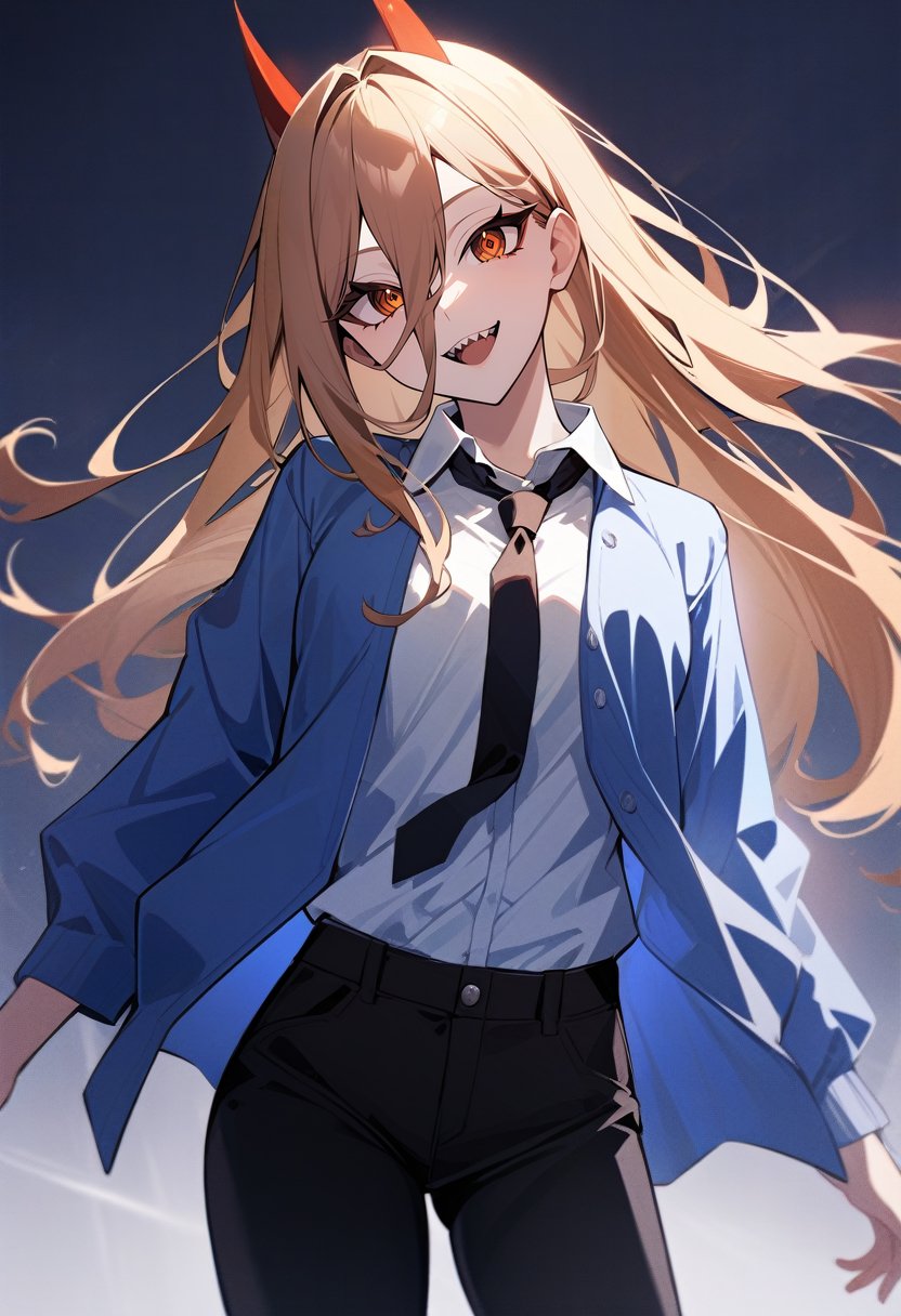 solo, 1girl, powerdef, sharp teeth, smile, \m/, blonde hair, cross-shaped pupils, blue jacket, white shirt, black necktie, black pants, rating: general, newest <lora:csm_power_xl-000004:1>