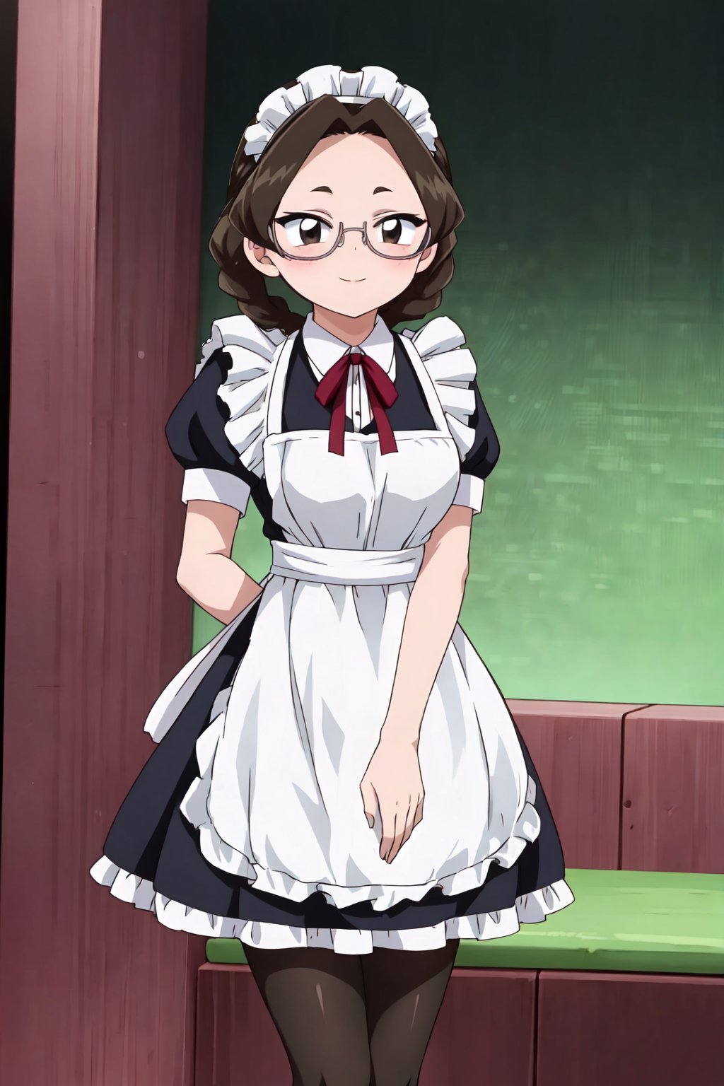 Mikuni Katou, (8k, HD), 1 girl, alone, looking at viewer, smile, black hair, dress, ribbon, closed mouth, standing, braid, short sleeves, stockings, ruffles, glasses, puff sleeves, black eyes, apron, black dress, twin braids, short puff sleeves, black stockings, maid, maid headdress, ribbon around neck, brown eyes, white apron, half rimmed glasses, maid apron, hair rings, red rimmed glasses, green background, outer rim, lower rimmed glasses, ruffled apron, maid, dress with collar, blushing<lora:EMS-468290-EMS:0.800000>