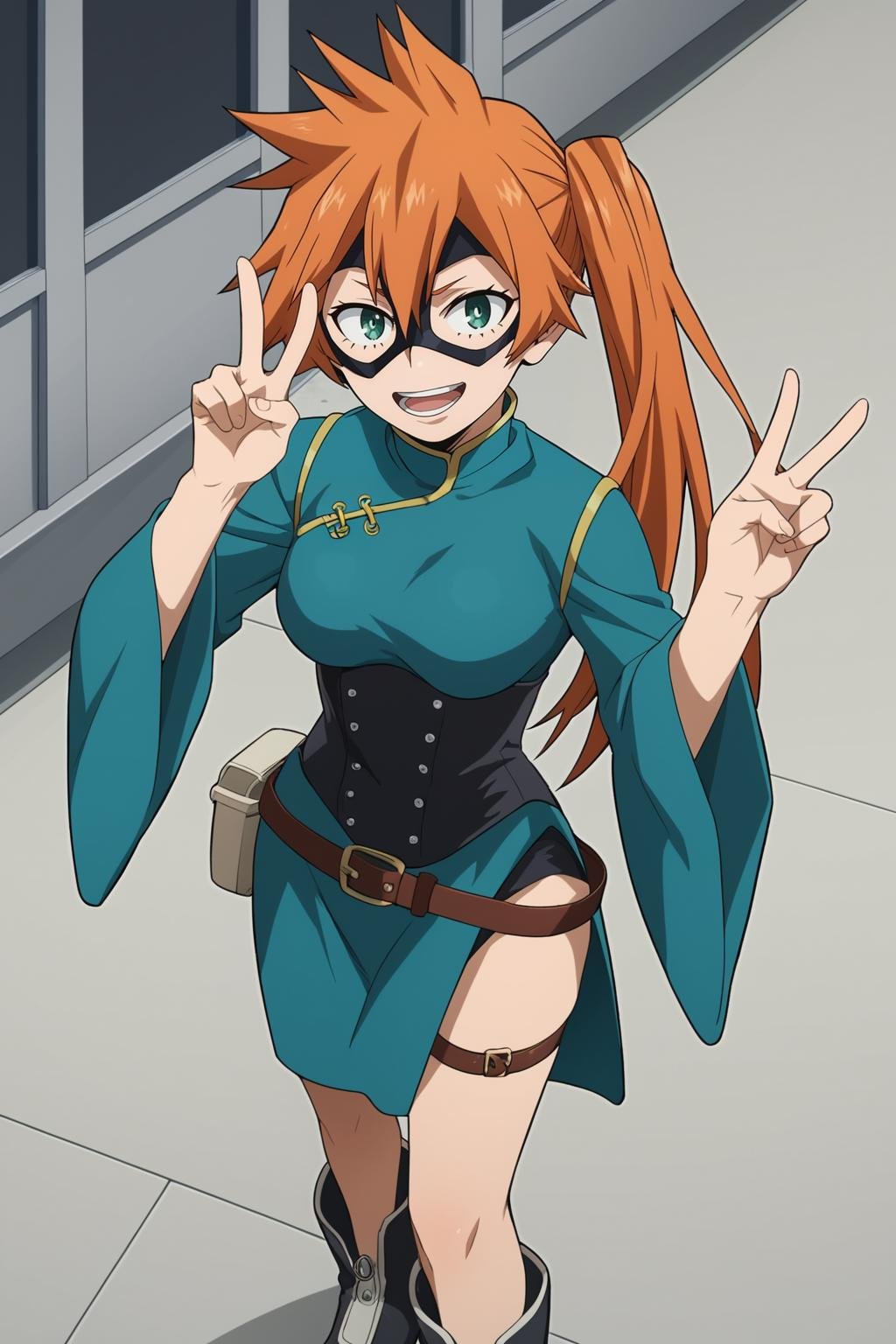 score_9, score_8_up, score_7_up, score_6_up, score_5_up, score_4_up, BREAK, <lora:Itsuka_Kendo-000006:.7>, 1girl, Kendo, orange hair, green eyes, side ponytail, hero outfit, china dress, chinese clothes, corset, domino mask, boots, thigh strap, standing, peace sign