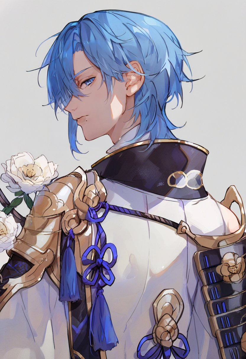 score_9, score_8_up, score_7_up, score_6_up, <lora:KuroshiroXL_P6_lokr_V53P1:0.95>  1boy, kamisato ayato, male focus, blue hair, solo, flower, armor, looking back, simple background, blue eyes, bangs, white flower, upper body, japanese armor, mole, white background, japanese clothes, looking at viewer, from behind, shoulder armor, profile, mole under mouth, tassel, closed mouth, hair between eyes